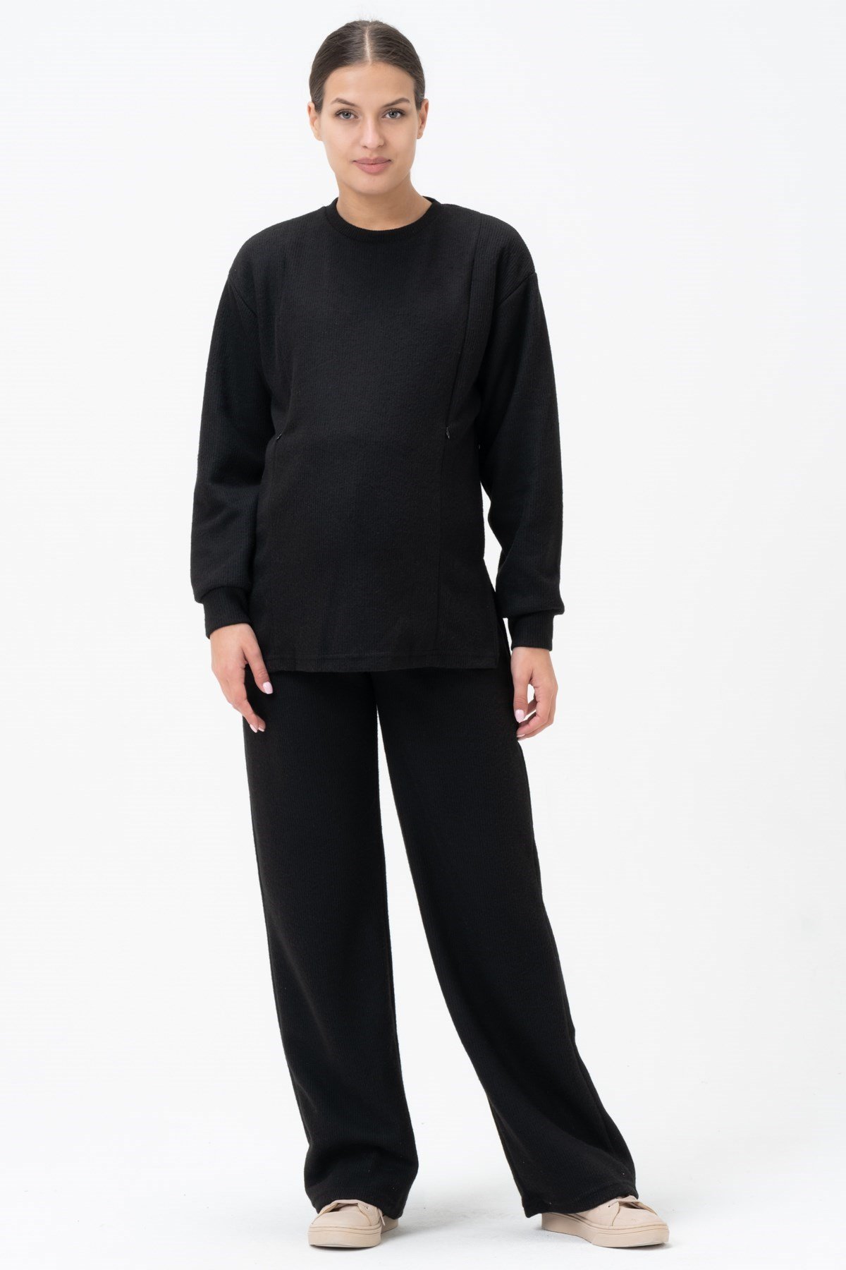 Busa Hamile Emzirme Detalı Yüksel Bel Bol Paça Triko Takım Siyah