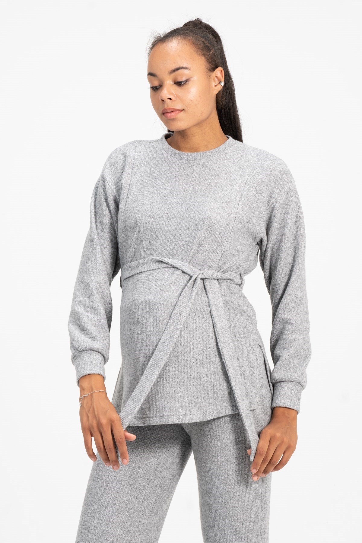 Busa Hamile Emzirme Detalı Yüksel Bel Bol Paça Triko Takım Gri