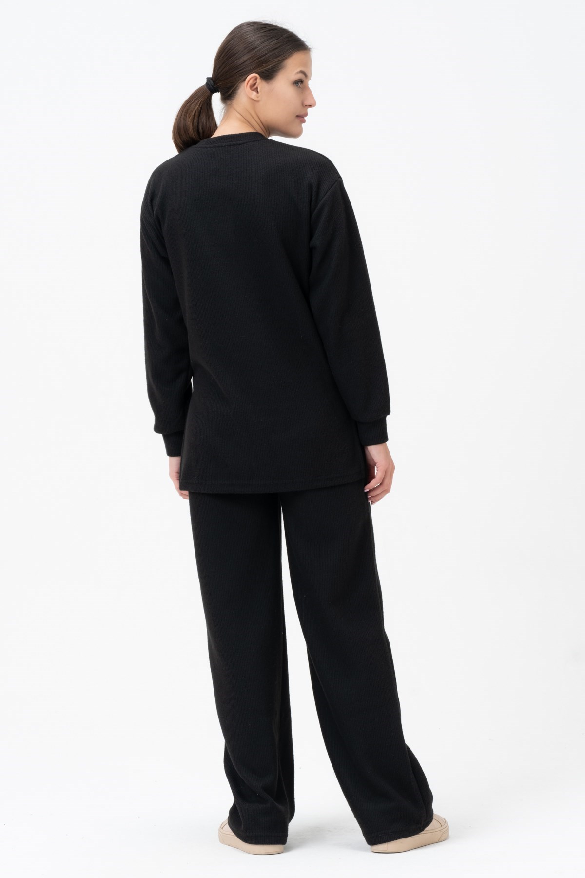 Busa Hamile Emzirme Detalı Yüksel Bel Bol Paça Triko Takım Siyah