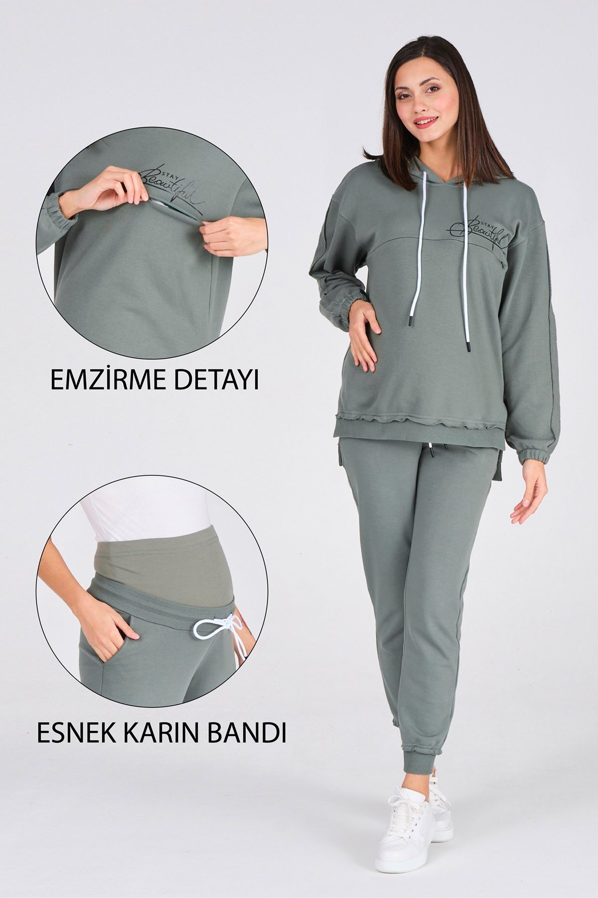 Busa Hamile Emzirme Detaylı Baskılı Eşofman Takımı Çağla