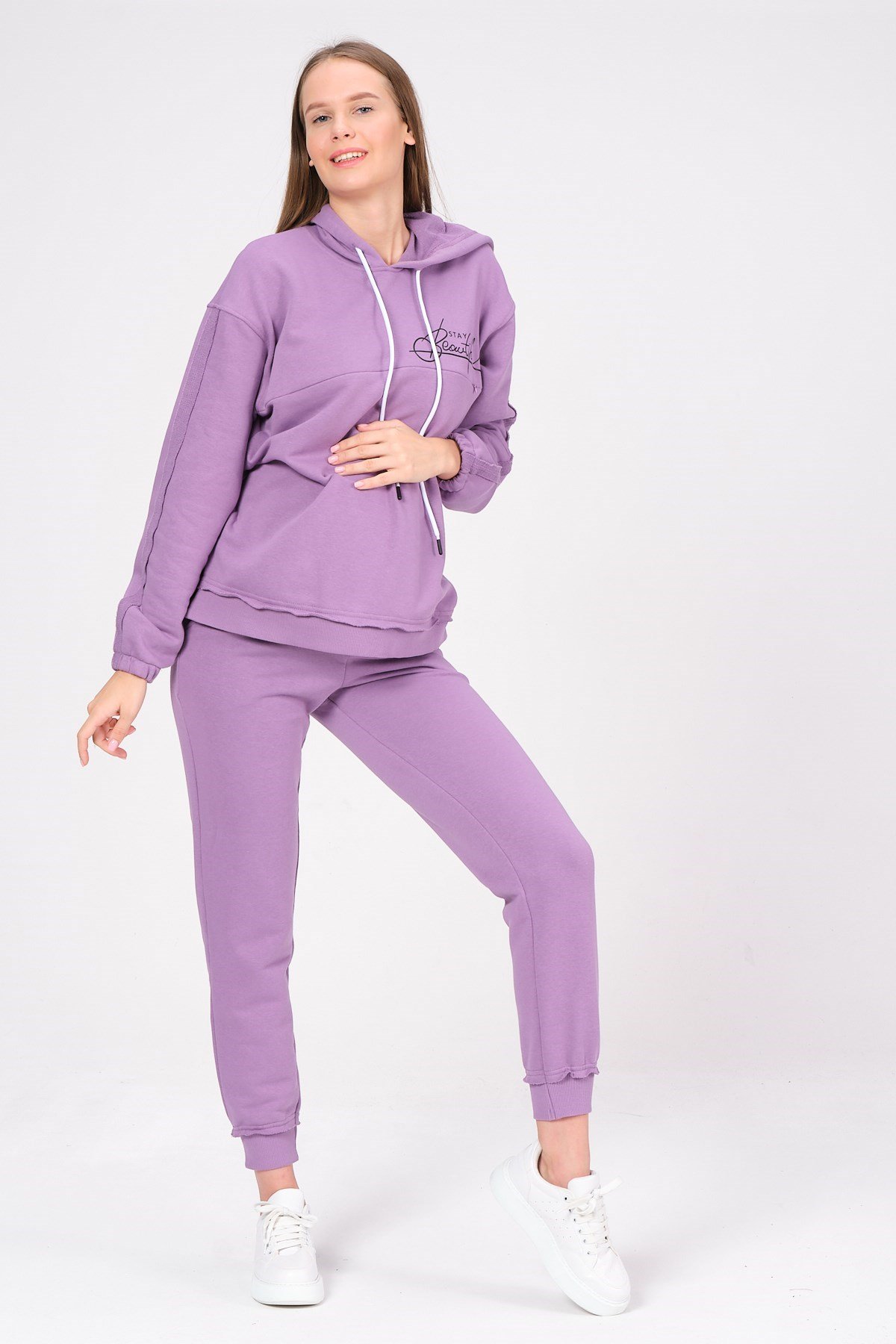 Busa Hamile Emzirme Detaylı Baskılı Eşofman Takımı Mor