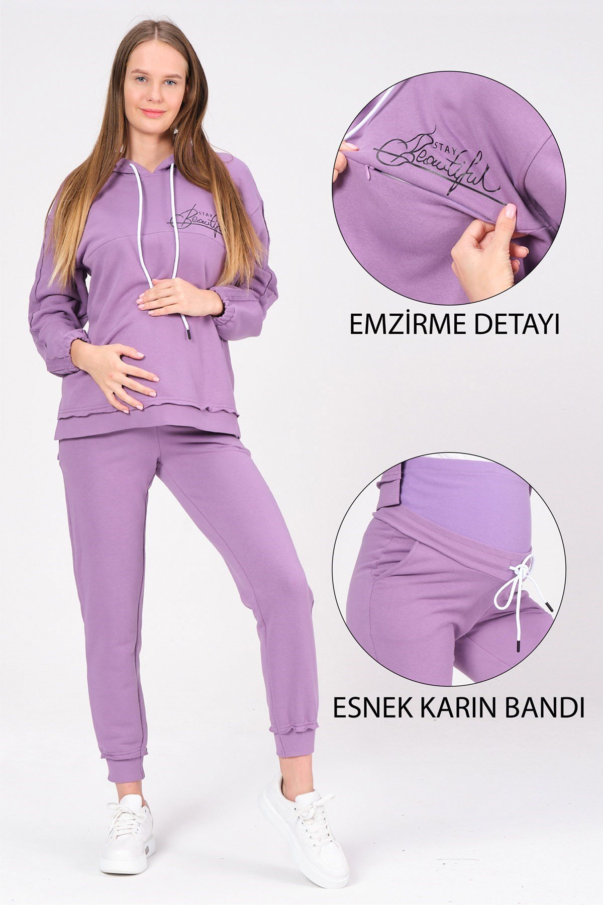Busa Hamile Emzirme Detaylı Baskılı Eşofman Takımı Mor