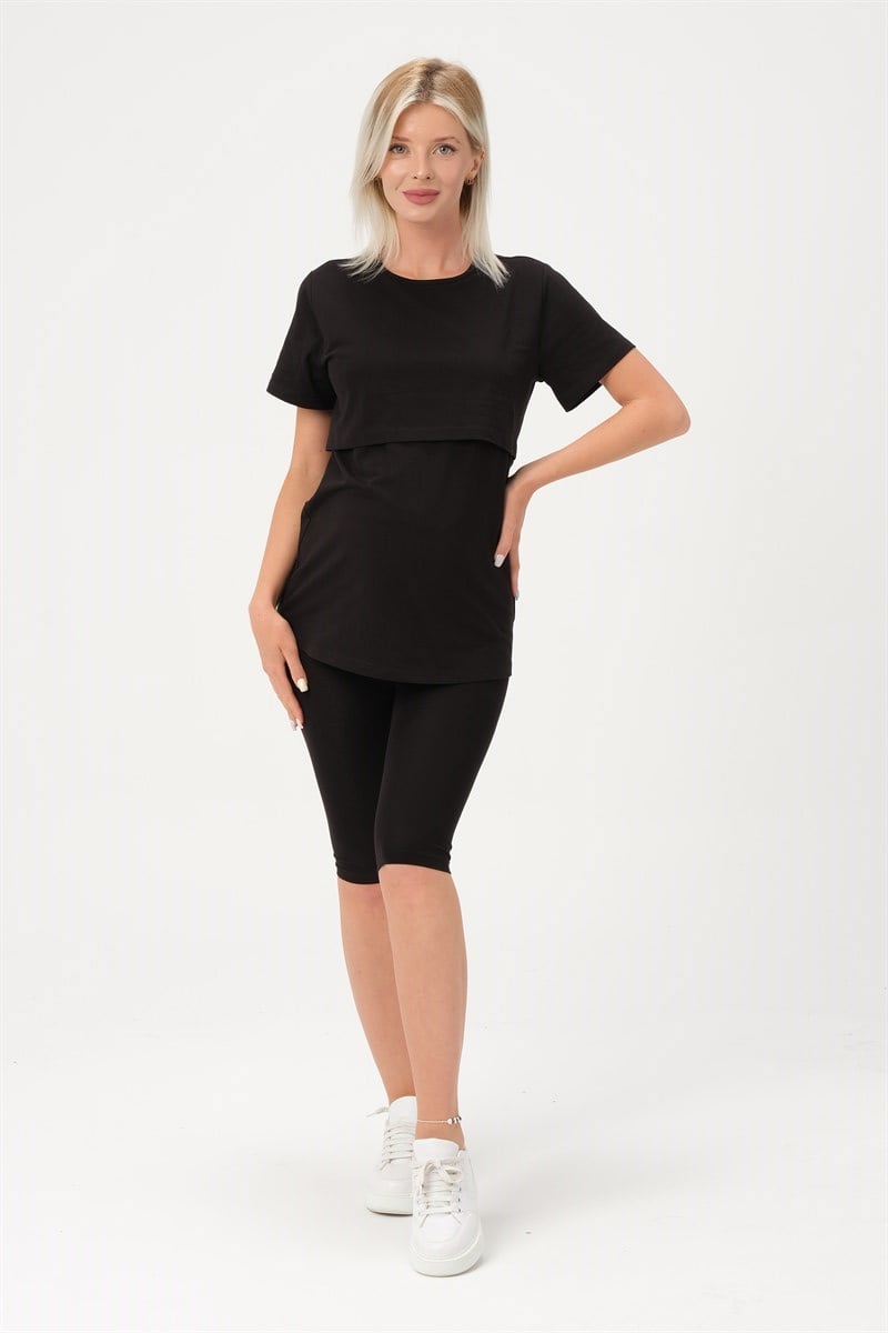 Busa Hamile Emzirme Detaylı Esnek Karın Bantlı Kısa Tayt Takım Siyah