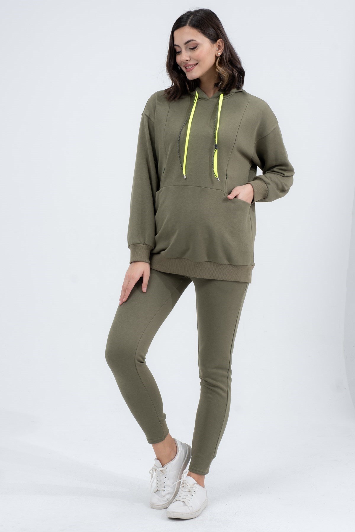 Busa Hamile Emzirme Detaylı Esnek Karın Bantlı Üç İplik Eşofman Takımı Haki