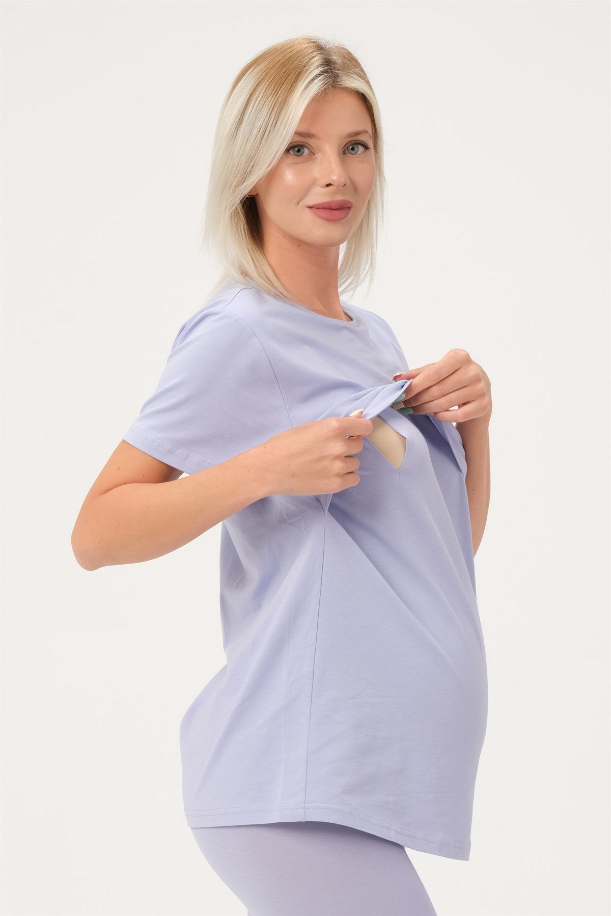 Busa Hamile Emzirme Detaylı Esnek Karın Bantlı Kısa Tayt Takım Lila