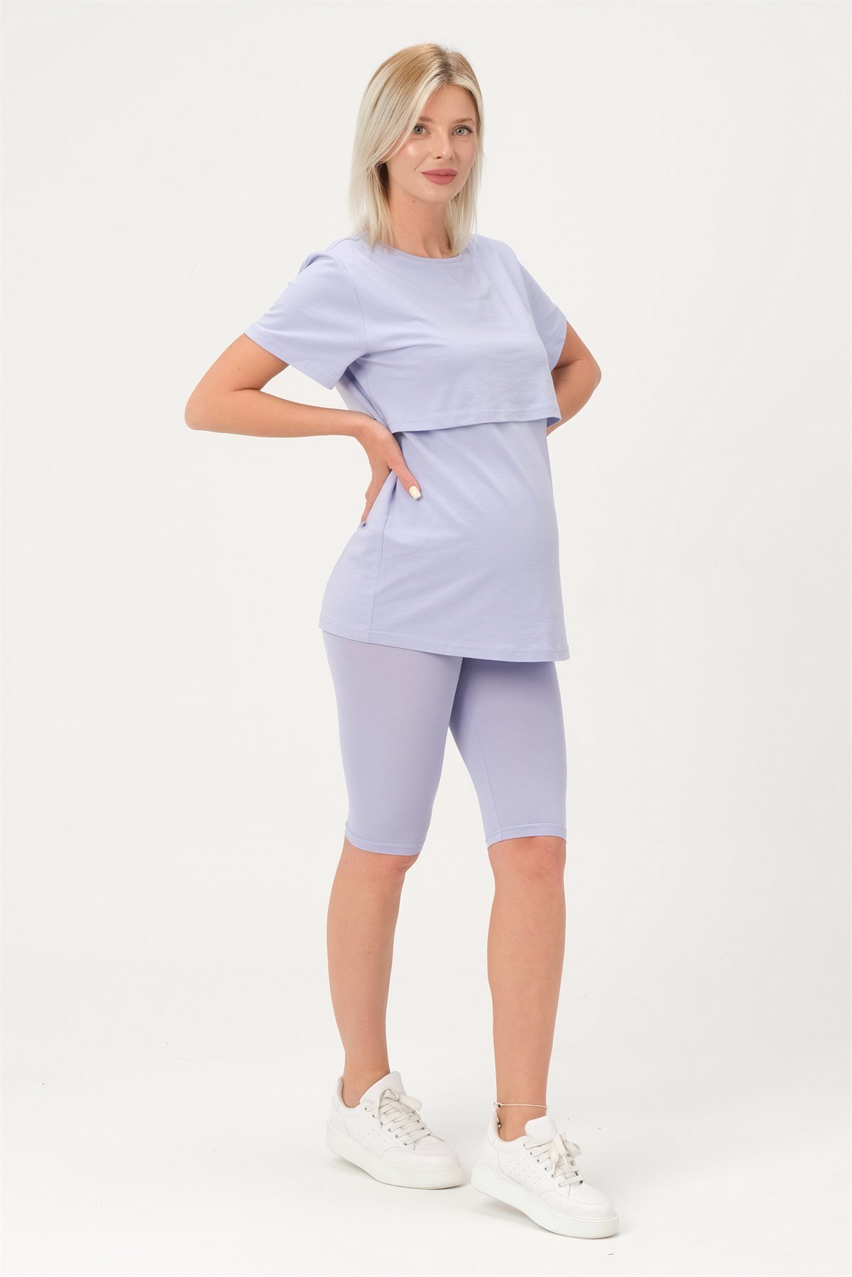 Busa Hamile Emzirme Detaylı Esnek Karın Bantlı Kısa Tayt Takım Lila
