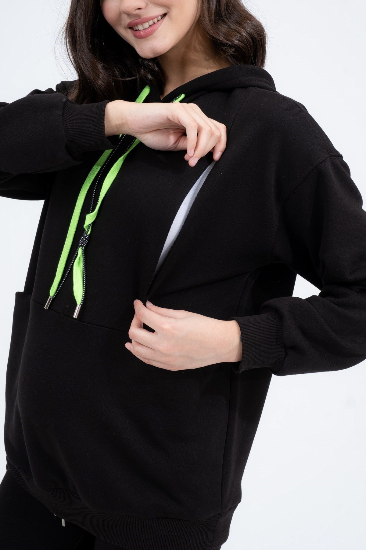 Busa Hamile Emzirme Detaylı Esnek Karın Bantlı Üç İplik Eşofman Takımı Siyah