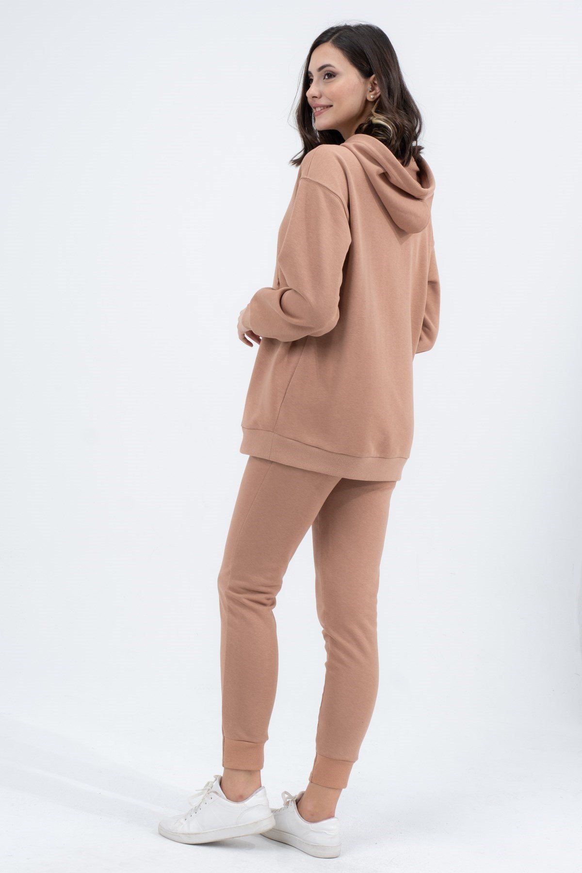 Busa Hamile Emzirme Detaylı Esnek Karın Bantlı Üç İplik Eşofman Takımı Kahverengi