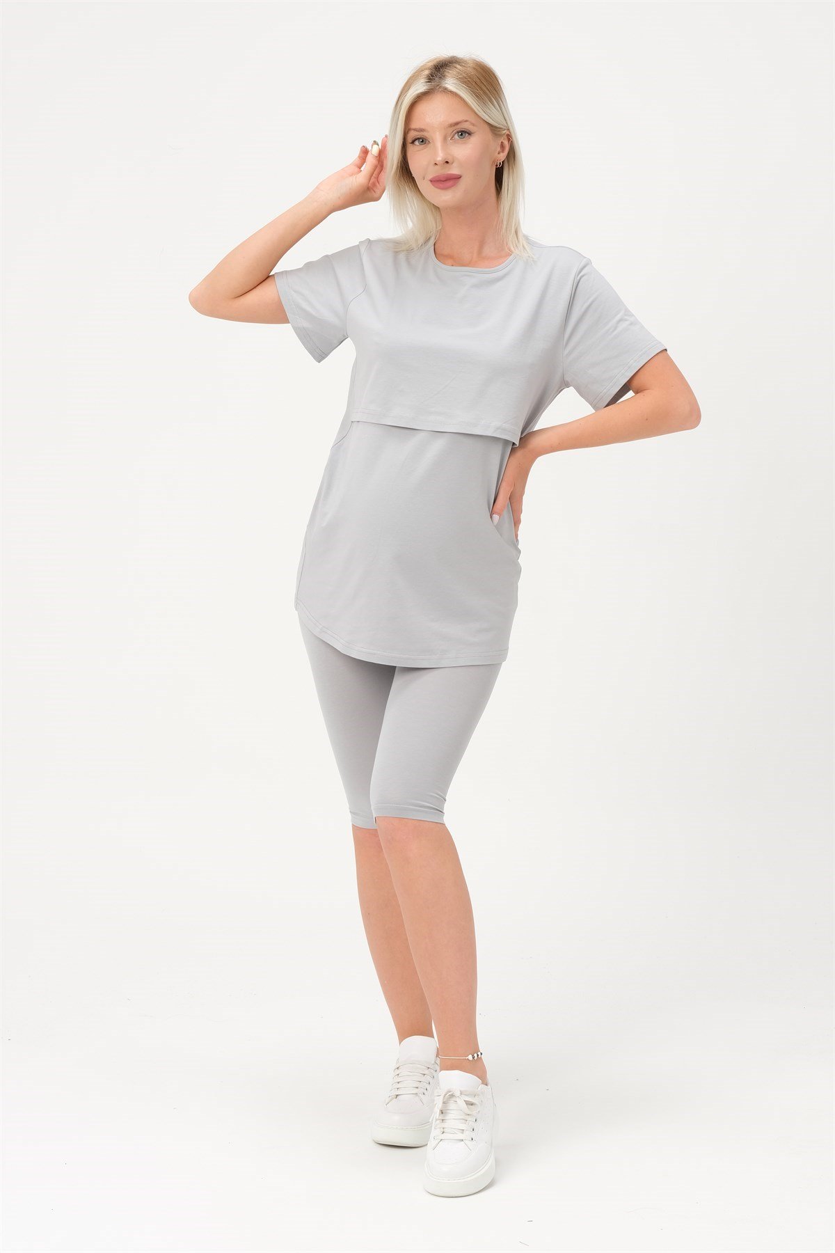 Busa Hamile Emzirme Detaylı Esnek Karın Bantlı Kısa Tayt Takım Gri