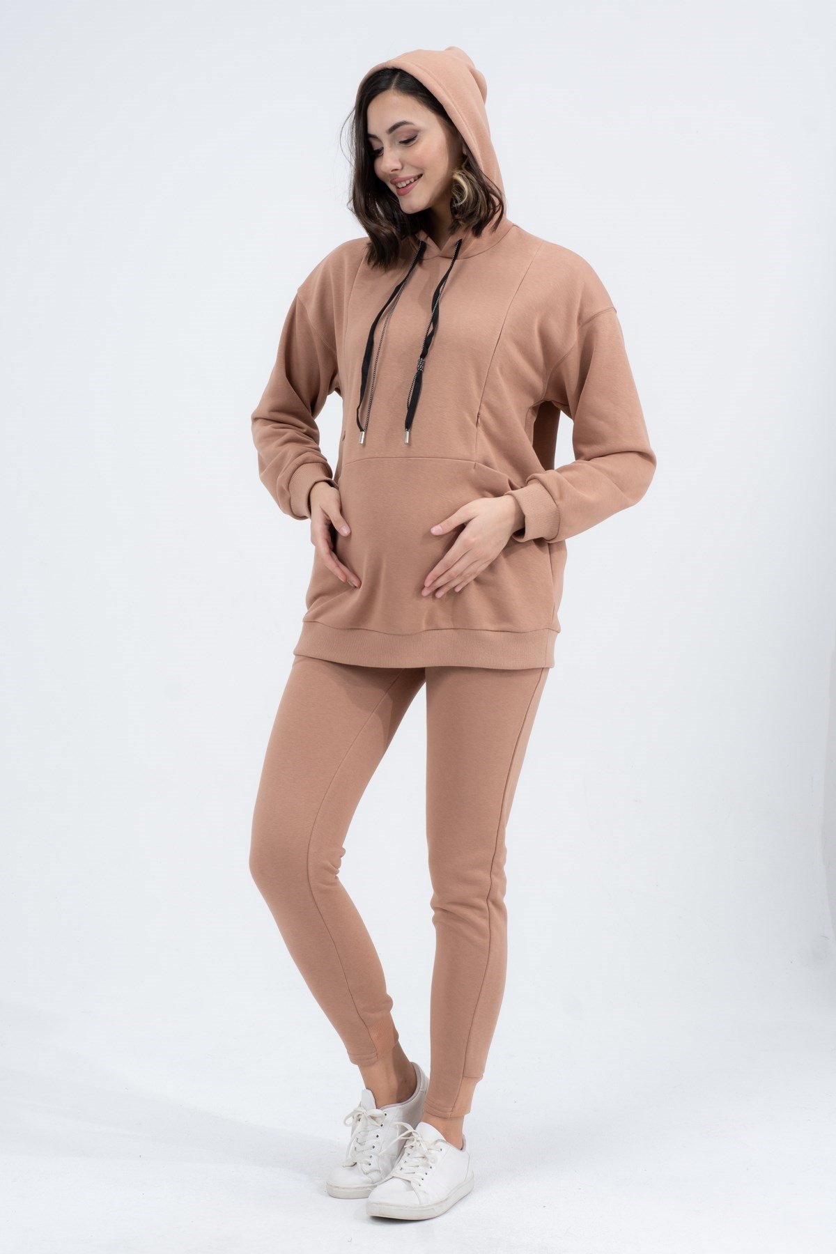 Busa Hamile Emzirme Detaylı Esnek Karın Bantlı Üç İplik Eşofman Takımı Kahverengi