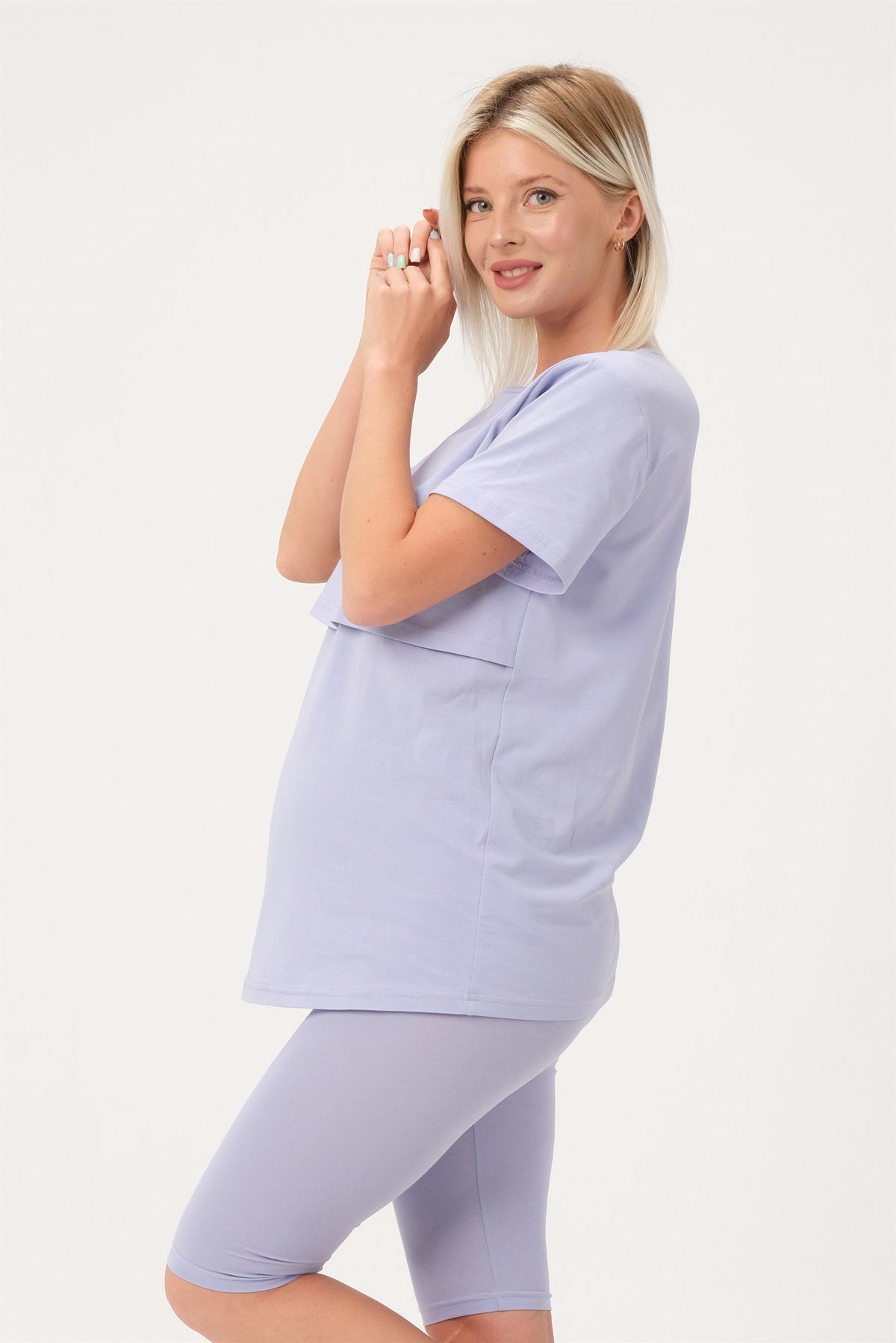 Busa Hamile Emzirme Detaylı Esnek Karın Bantlı Kısa Tayt Takım Lila