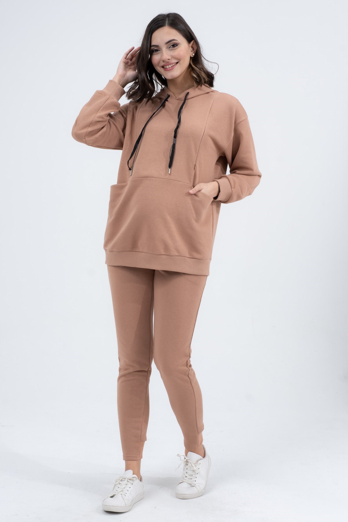 Busa Hamile Emzirme Detaylı Esnek Karın Bantlı Üç İplik Eşofman Takımı Kahverengi