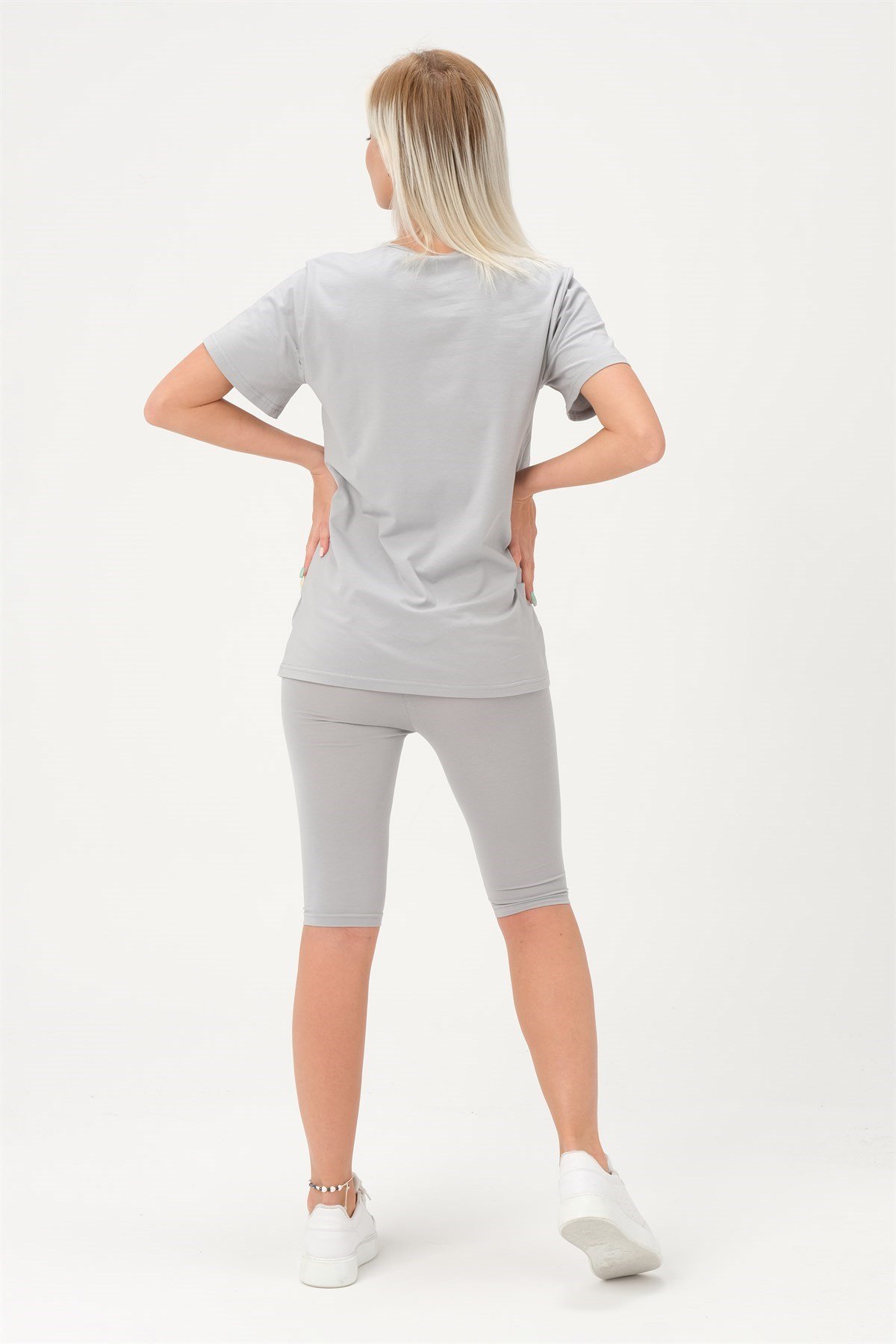 Busa Hamile Emzirme Detaylı Esnek Karın Bantlı Kısa Tayt Takım Gri