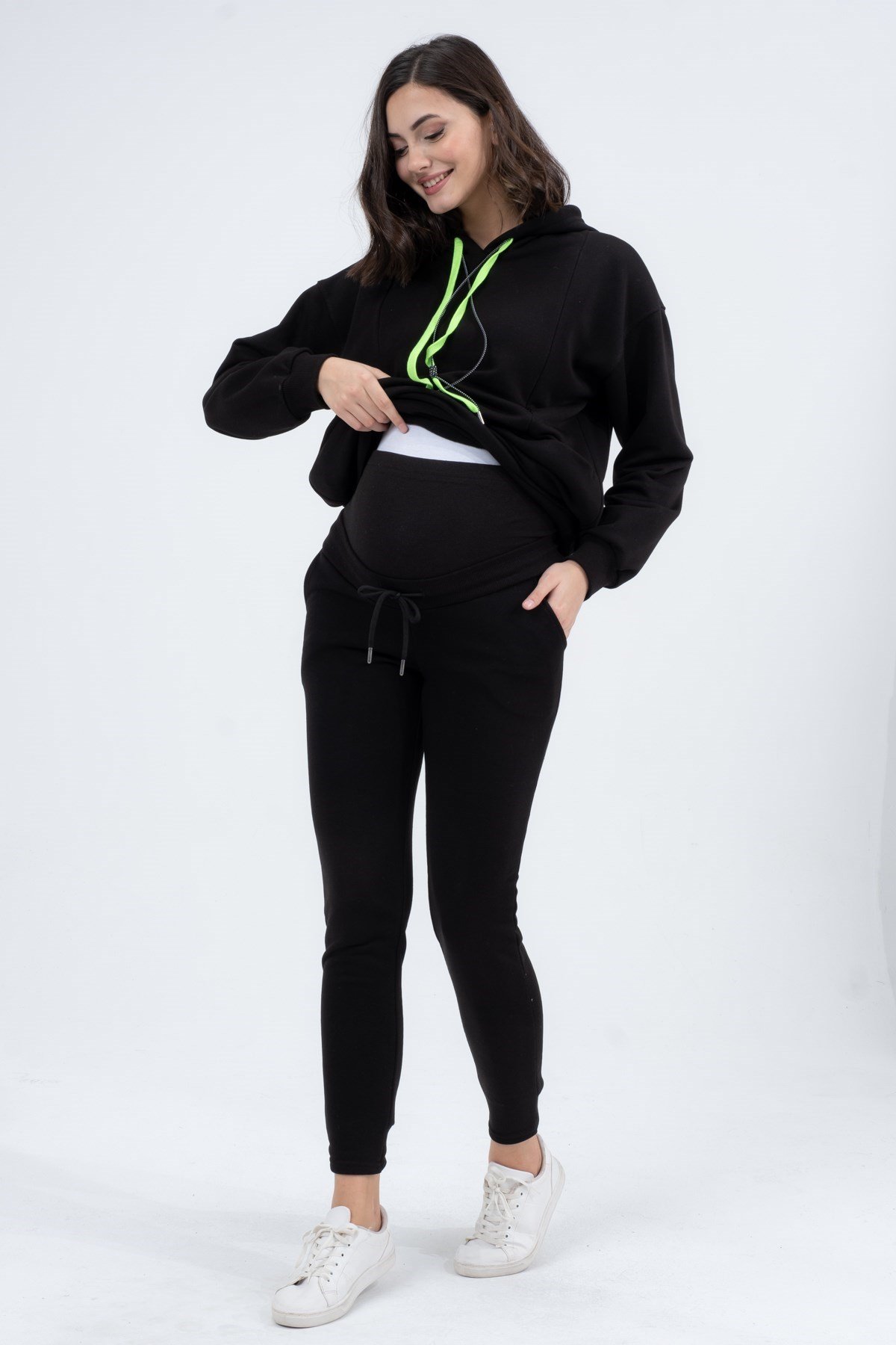 Busa Hamile Emzirme Detaylı Esnek Karın Bantlı Üç İplik Eşofman Takımı Siyah