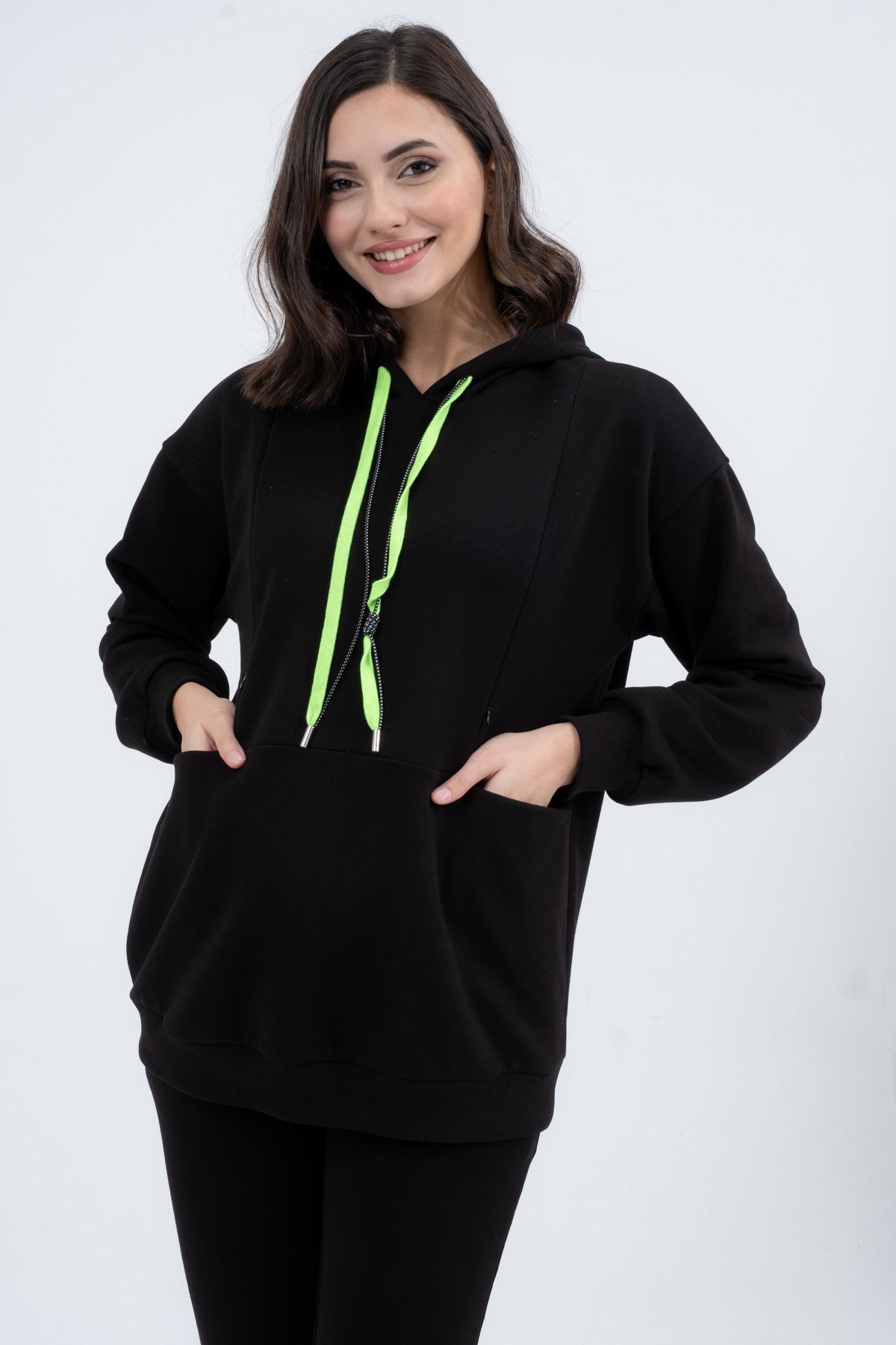 Busa Hamile Emzirme Detaylı Esnek Karın Bantlı Üç İplik Eşofman Takımı Siyah