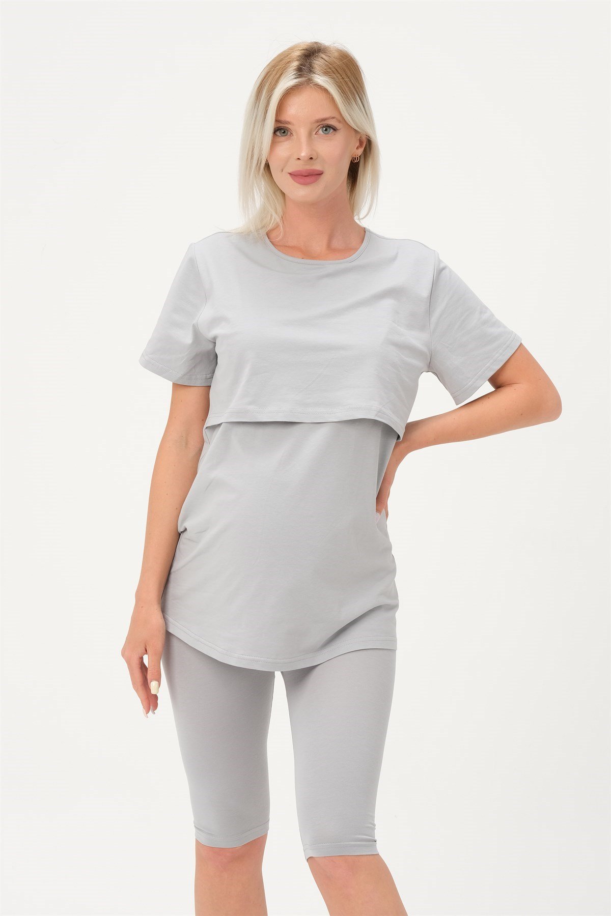 Busa Hamile Emzirme Detaylı Esnek Karın Bantlı Kısa Tayt Takım Gri