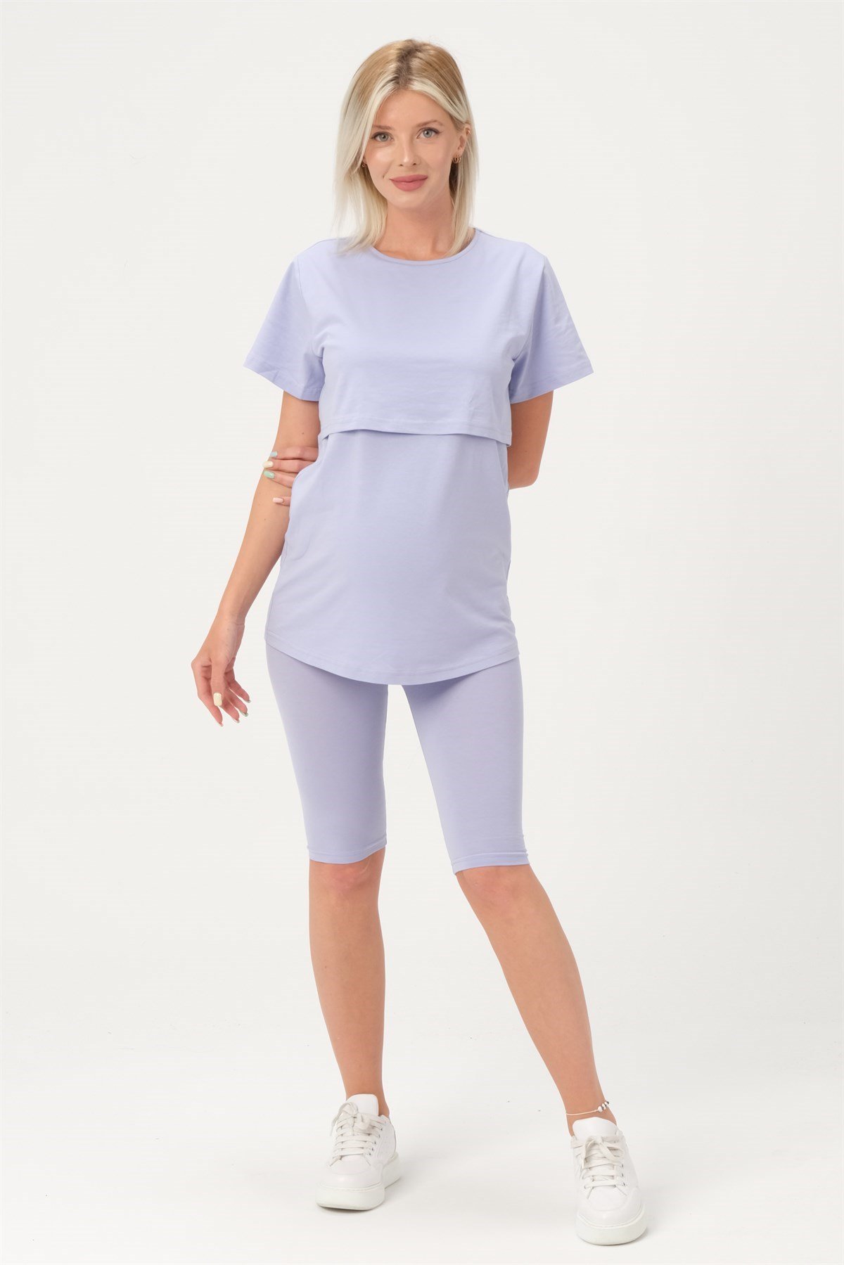 Busa Hamile Emzirme Detaylı Esnek Karın Bantlı Kısa Tayt Takım Lila