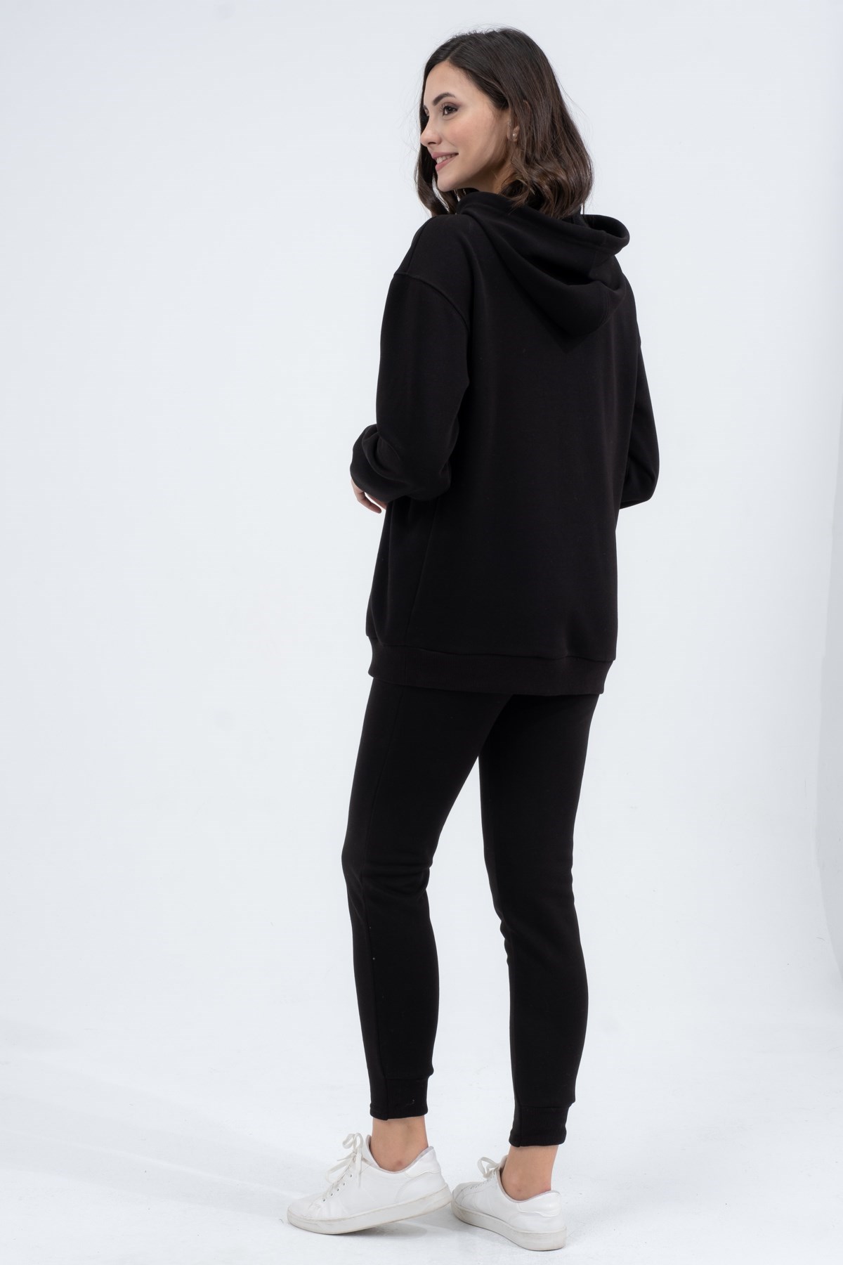 Busa Hamile Emzirme Detaylı Esnek Karın Bantlı Üç İplik Eşofman Takımı Siyah