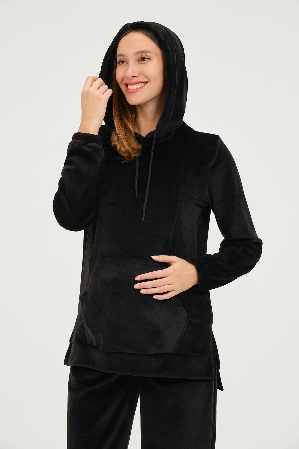 Busa Hamile Emzirme Detaylı Kapüşonlu Kadife Takım Siyah