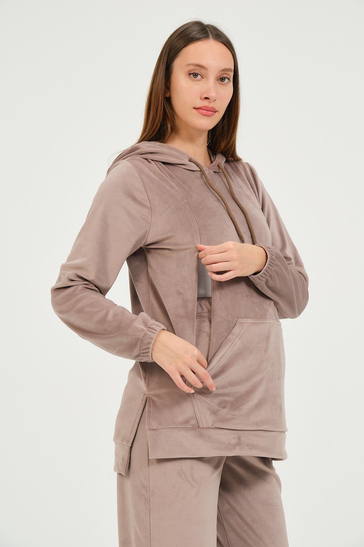 Busa Hamile Emzirme Detaylı Kapüşonlu Kadife Takım Vizon