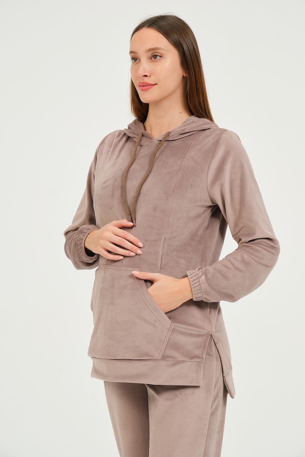 Busa Hamile Emzirme Detaylı Kapüşonlu Kadife Takım Vizon