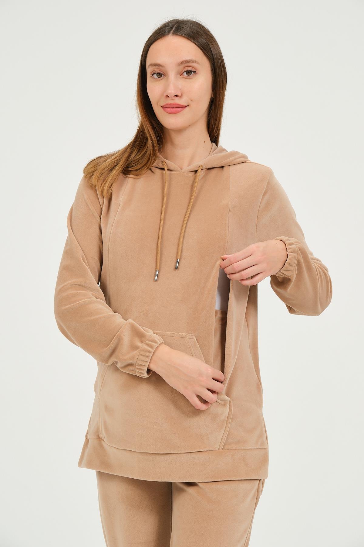Busa Hamile Emzirme Detaylı Kapüşonlu Kadife Takım Kahverengi