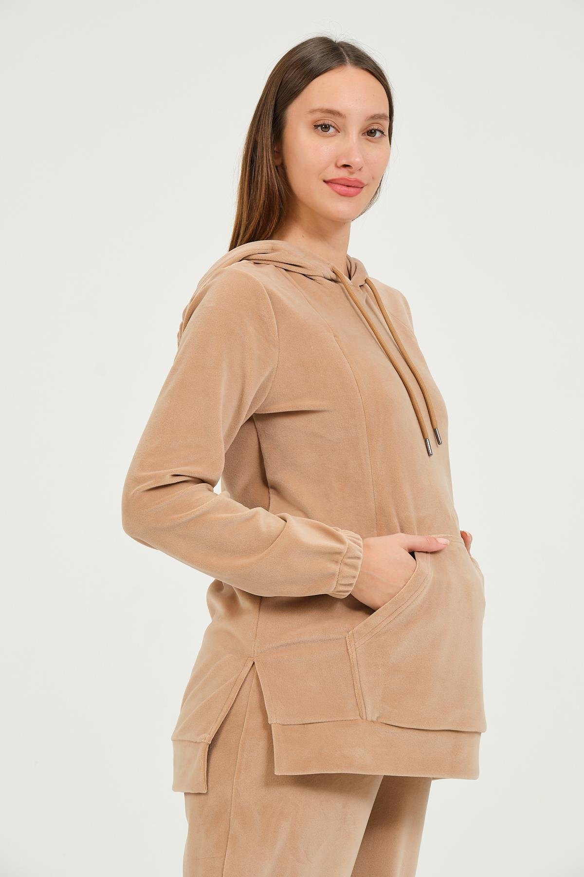 Busa Hamile Emzirme Detaylı Kapüşonlu Kadife Takım Kahverengi