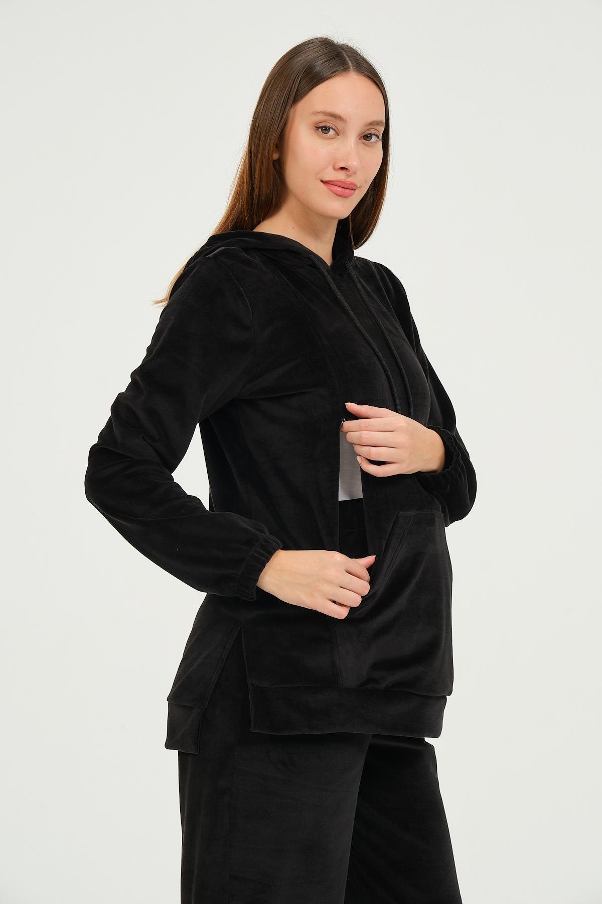 Busa Hamile Emzirme Detaylı Kapüşonlu Kadife Takım Siyah