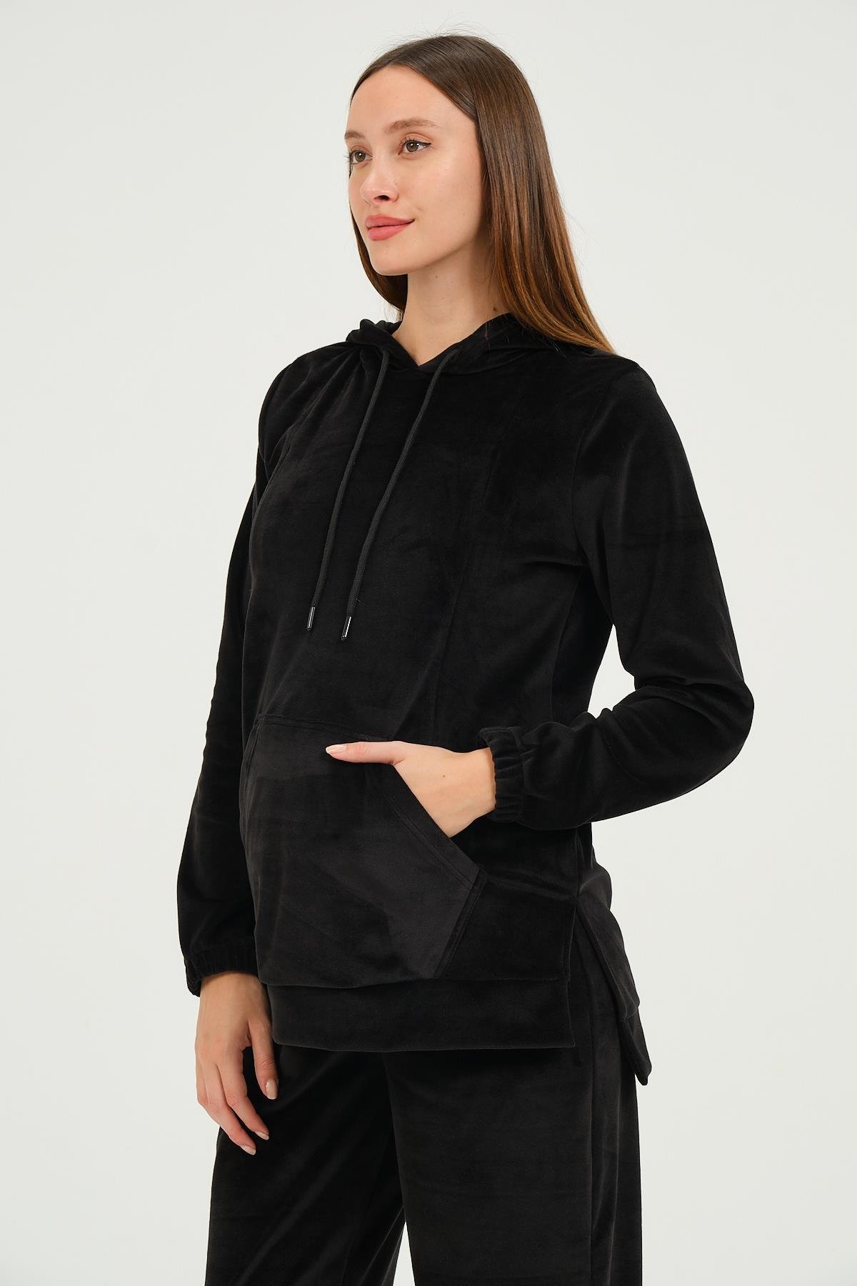 Busa Hamile Emzirme Detaylı Kapüşonlu Kadife Takım Siyah