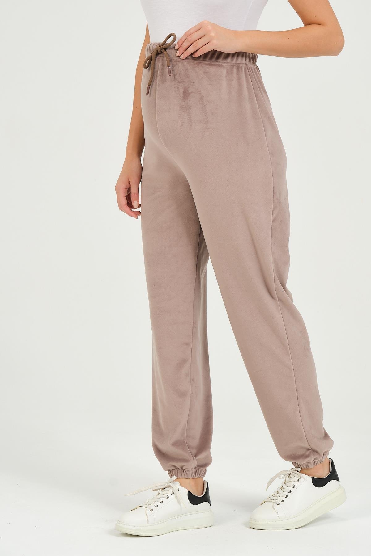 Busa Hamile Emzirme Detaylı Kapüşonlu Kadife Takım Vizon