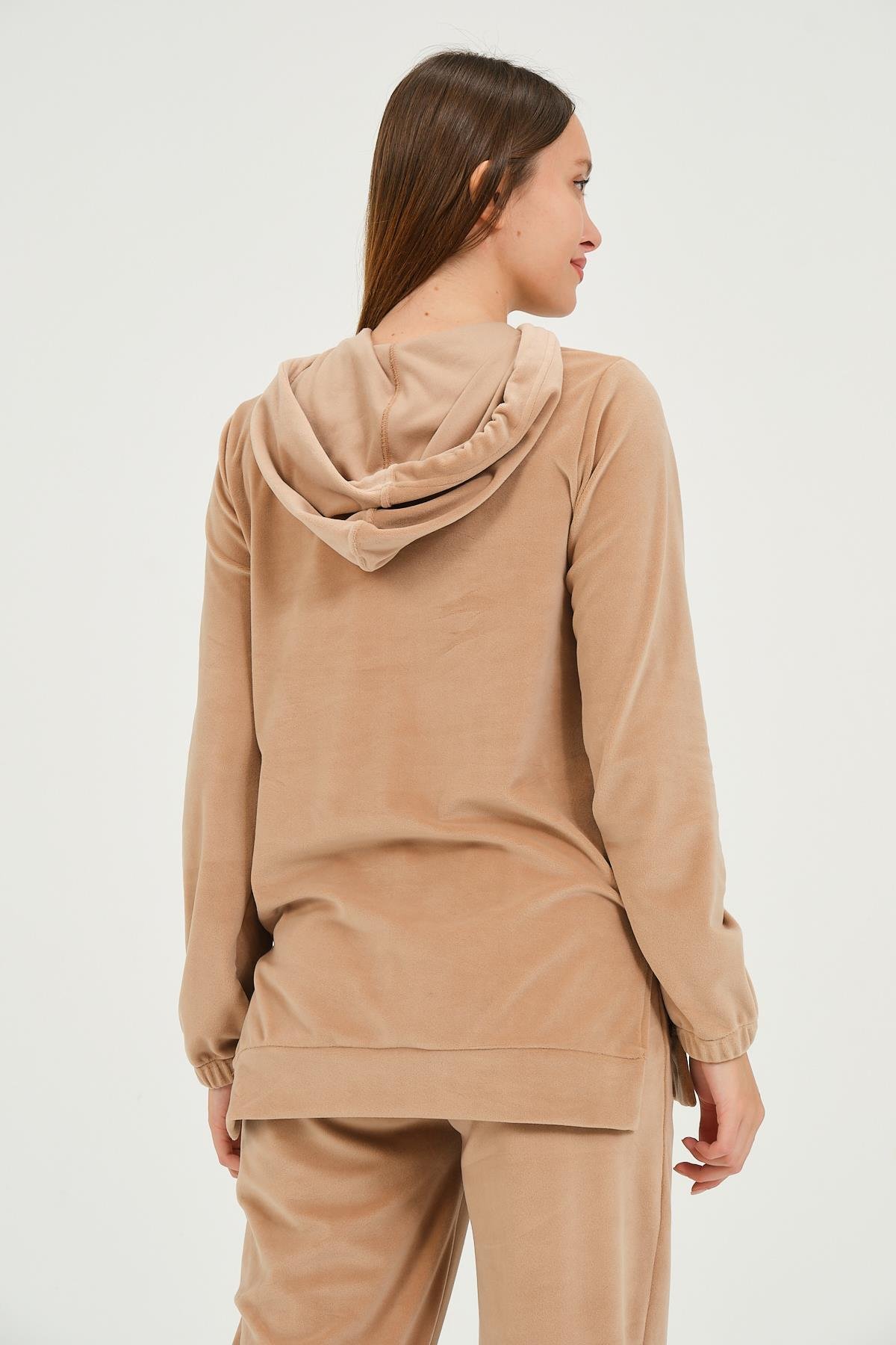 Busa Hamile Emzirme Detaylı Kapüşonlu Kadife Takım Kahverengi
