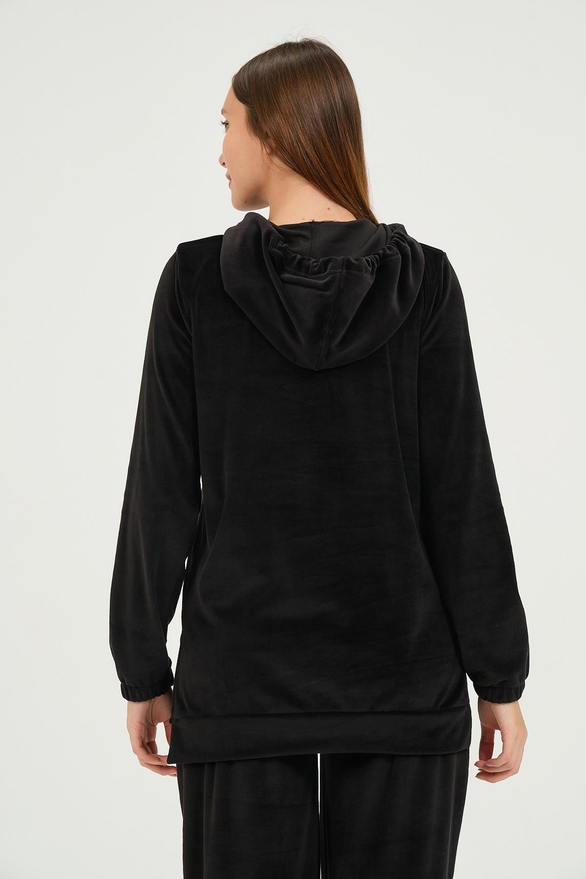 Busa Hamile Emzirme Detaylı Kapüşonlu Kadife Takım Siyah