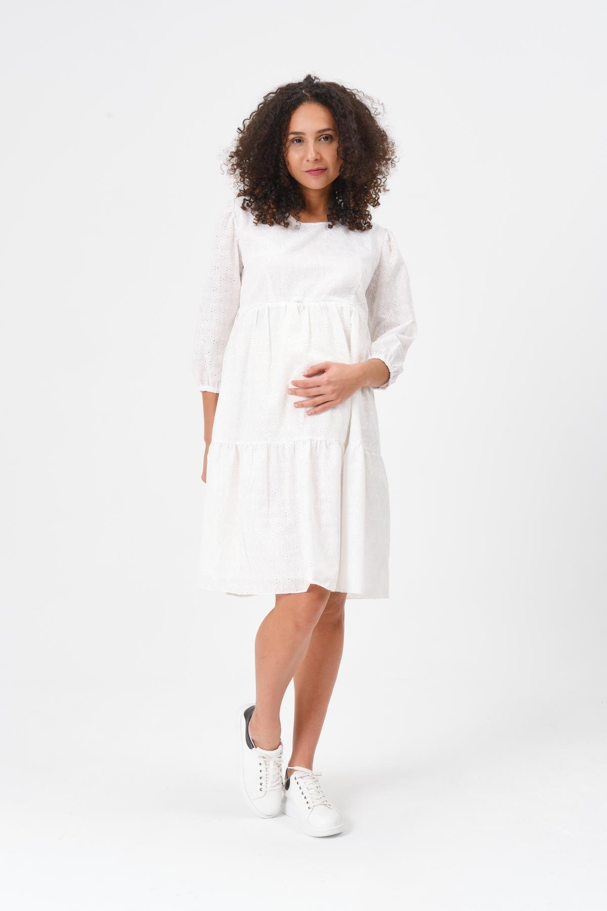 Busa Hamile Emzirme Detaylı Kısa Kollu Brode Elbise Beyaz