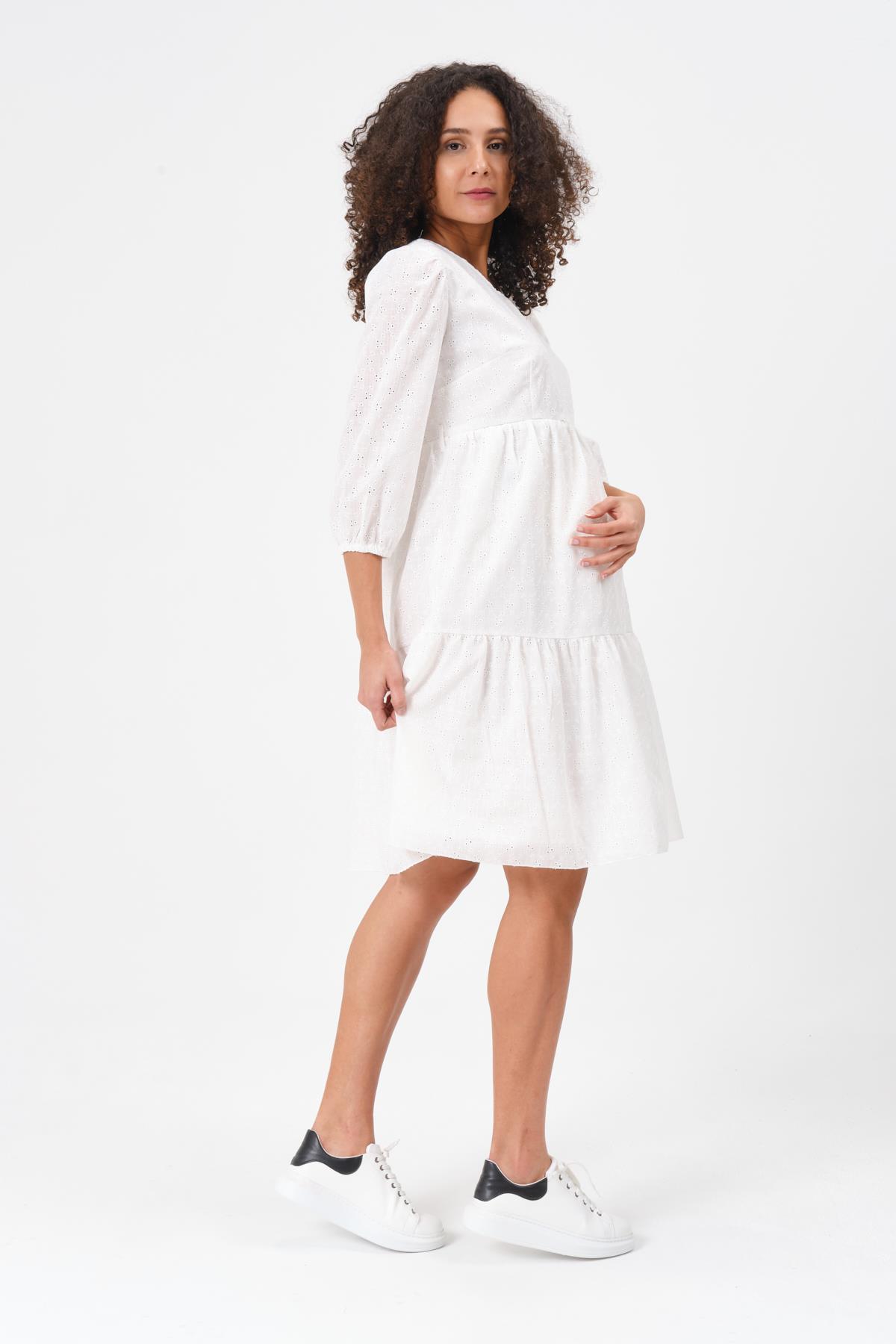 Busa Hamile Emzirme Detaylı Kısa Kollu Brode Elbise Beyaz