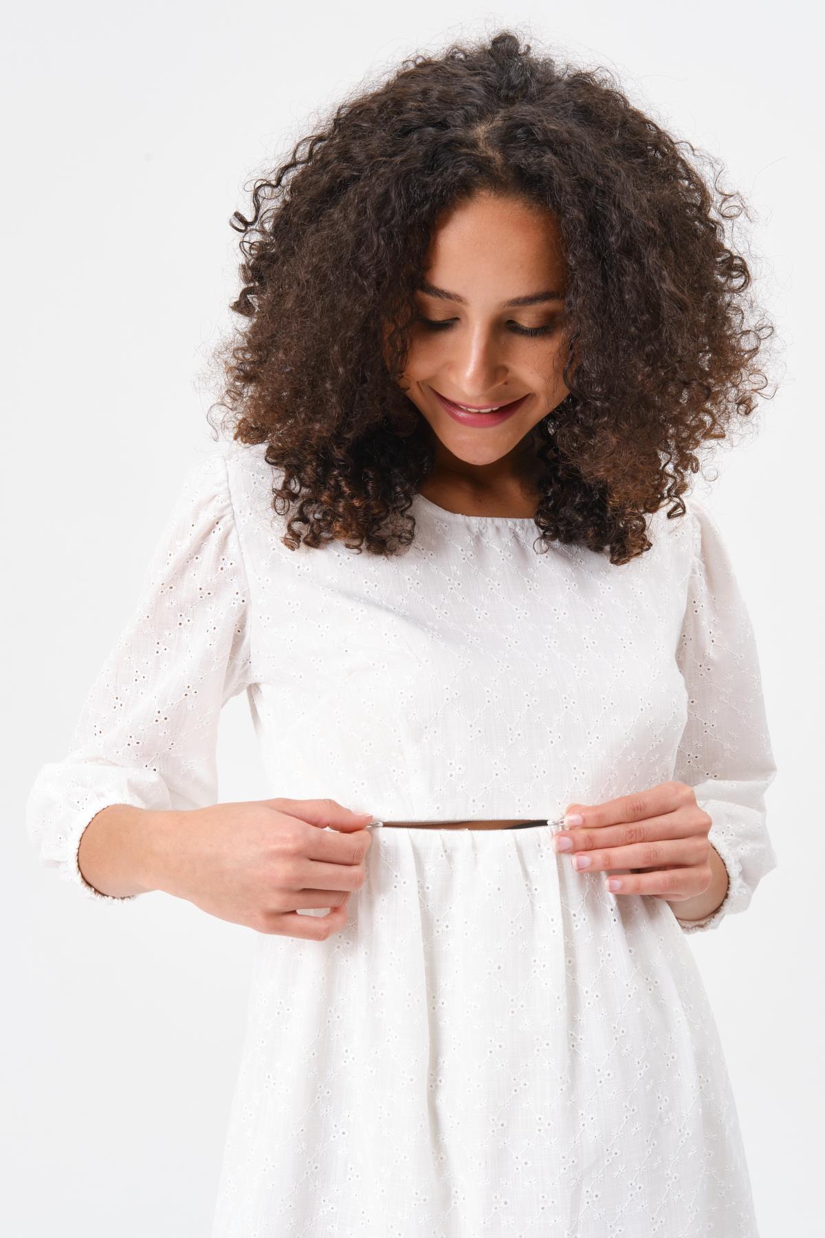 Busa Hamile Emzirme Detaylı Kısa Kollu Brode Elbise Beyaz