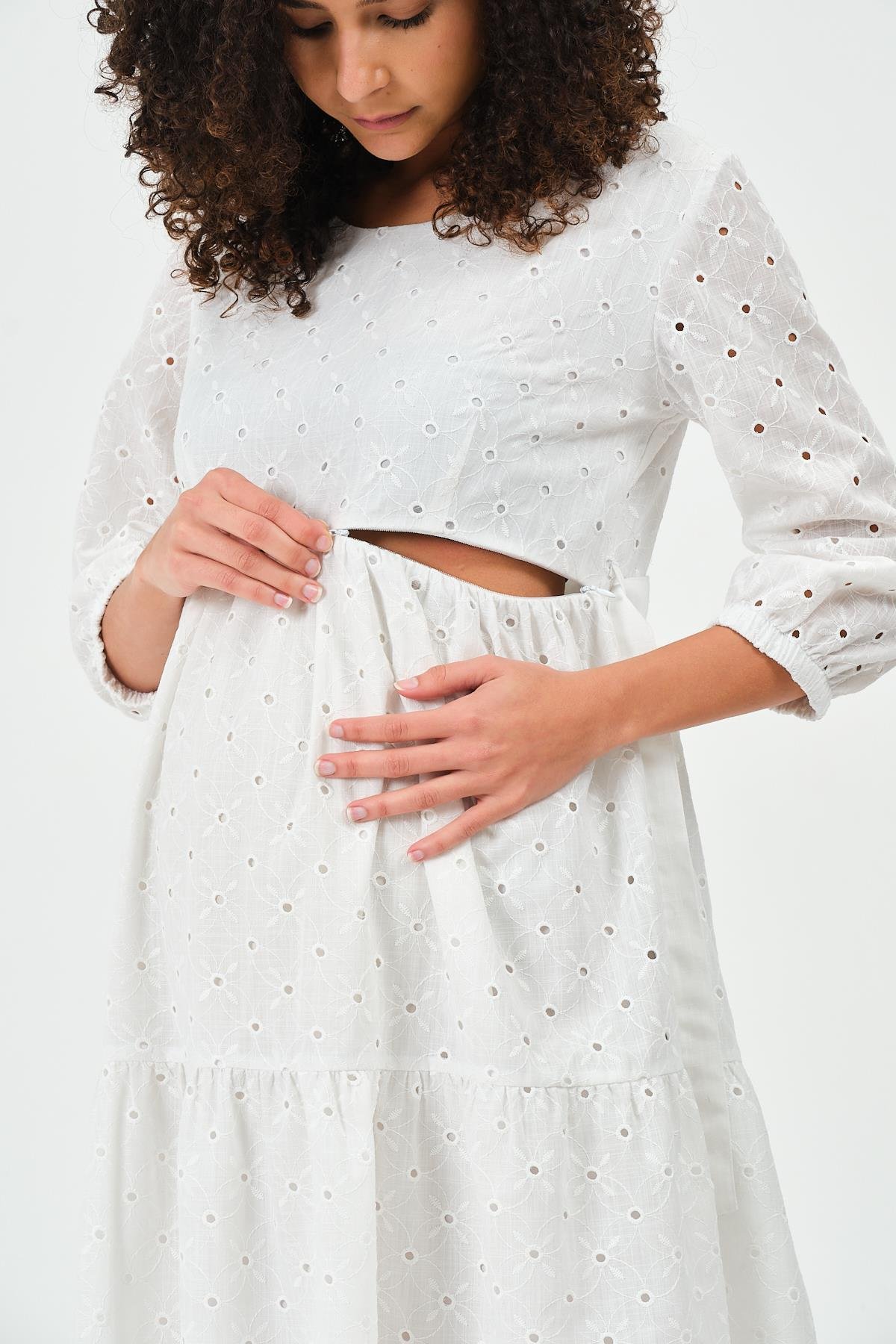 Busa Hamile Emzirme Detaylı Kısa Kollu Brode Elbise Ekru