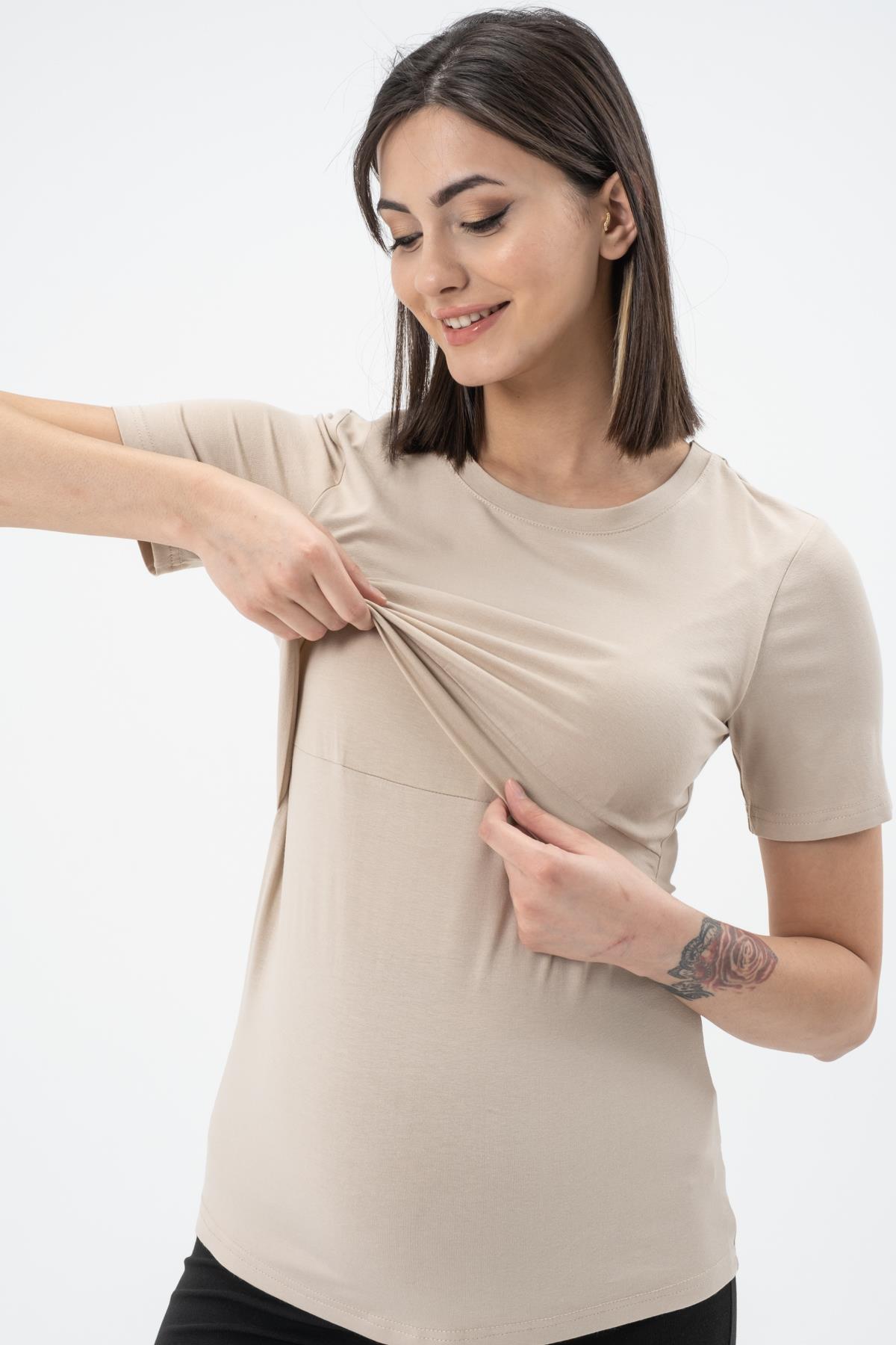 Busa Hamile Emzirme Detaylı Kısa Kollu T-Shirt Bej