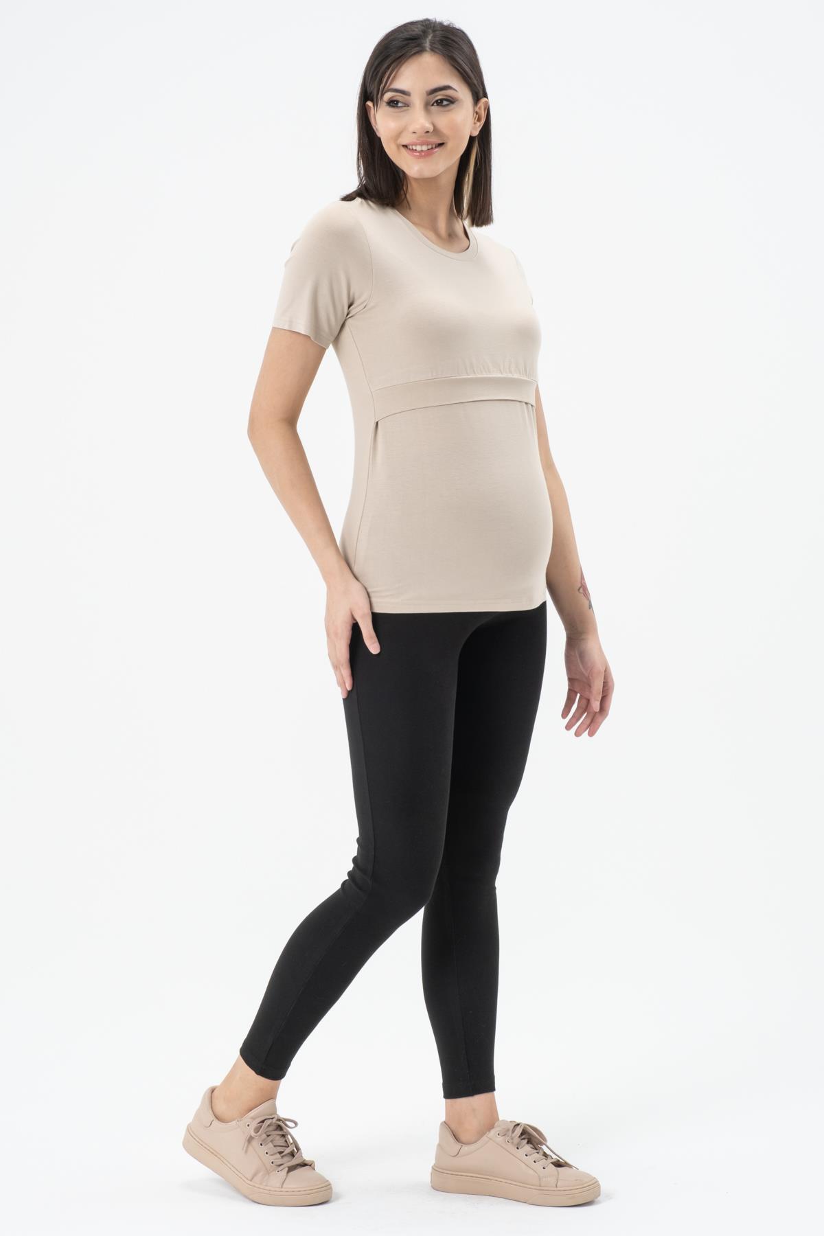 Busa Hamile Emzirme Detaylı Kısa Kollu T-Shirt Bej