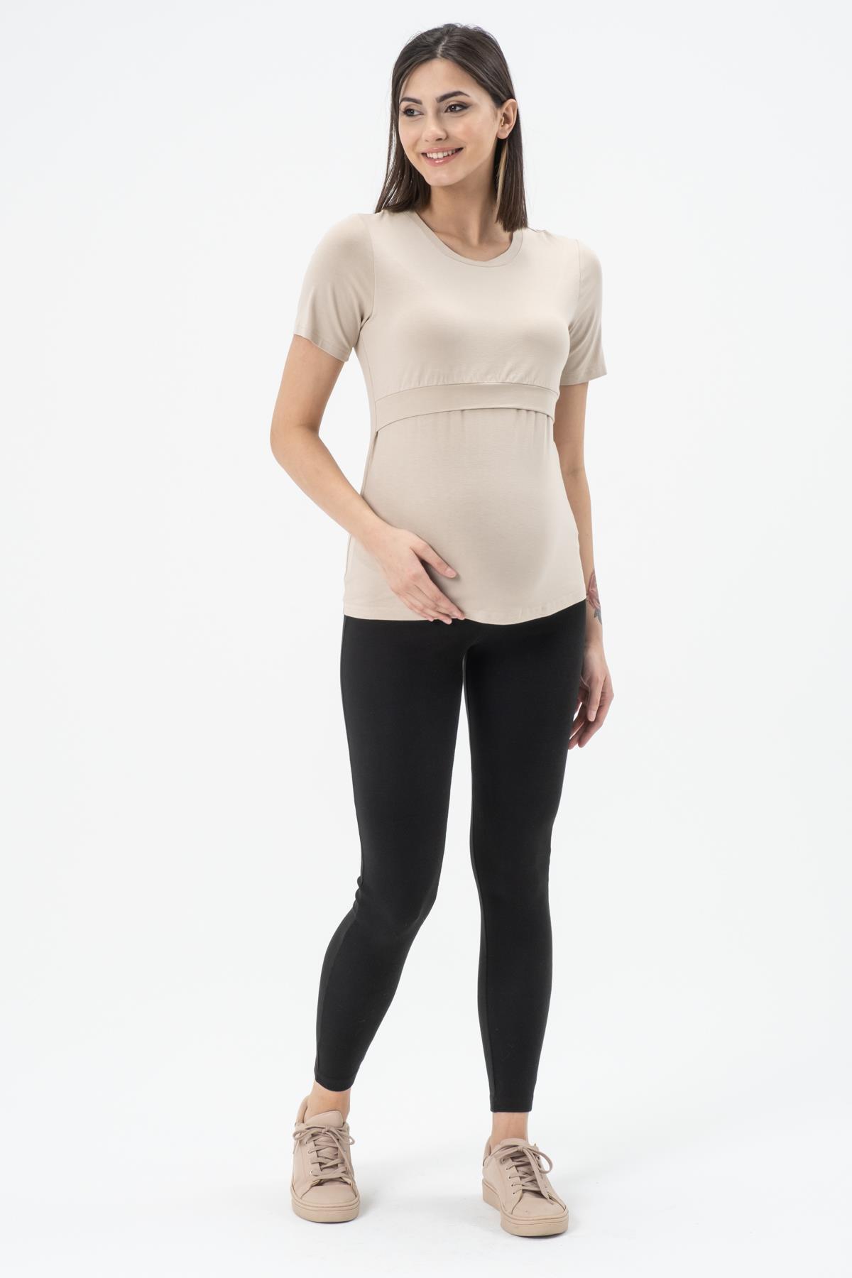 Busa Hamile Emzirme Detaylı Kısa Kollu T-Shirt Bej