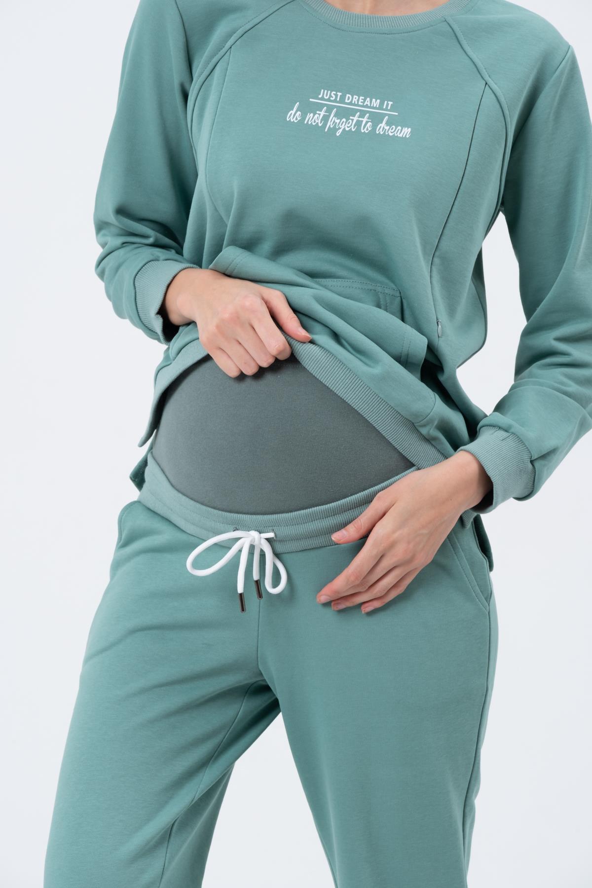 Busa Hamile Emzirme Detaylı Üç İplik Eşofman Takımı Mintyeşili