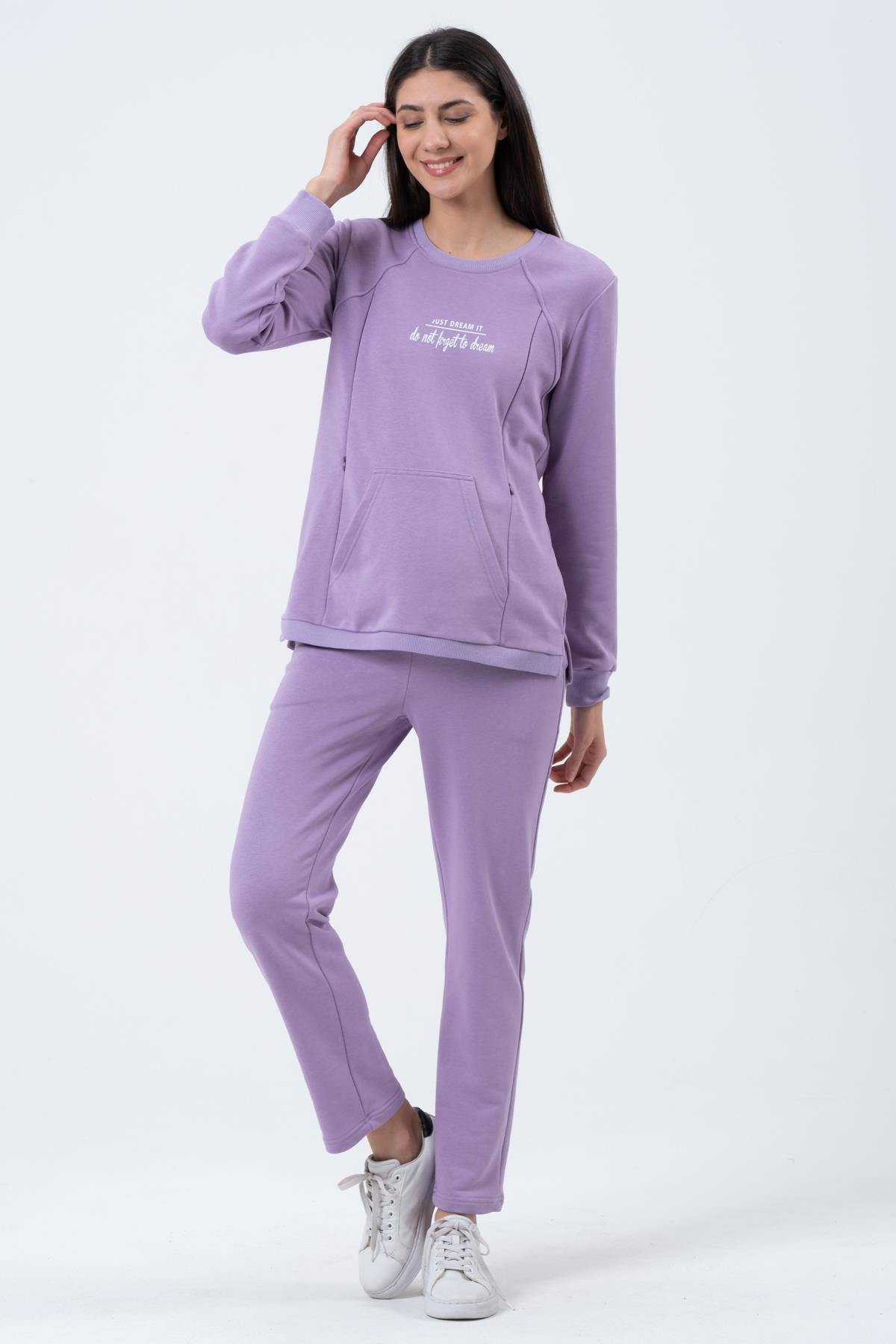 Busa Hamile Emzirme Detaylı Üç İplik Eşofman Takımı Lila