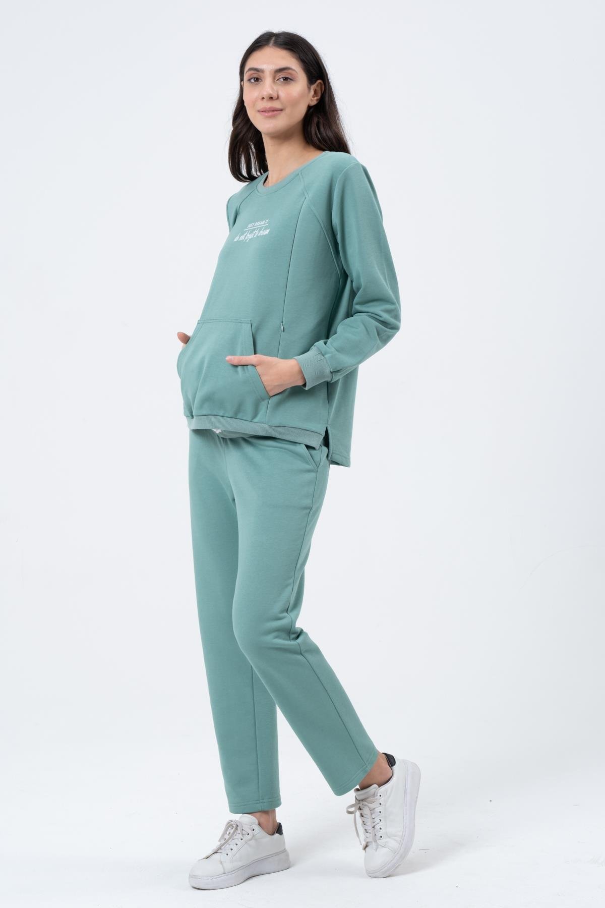 Busa Hamile Emzirme Detaylı Üç İplik Eşofman Takımı Mintyeşili