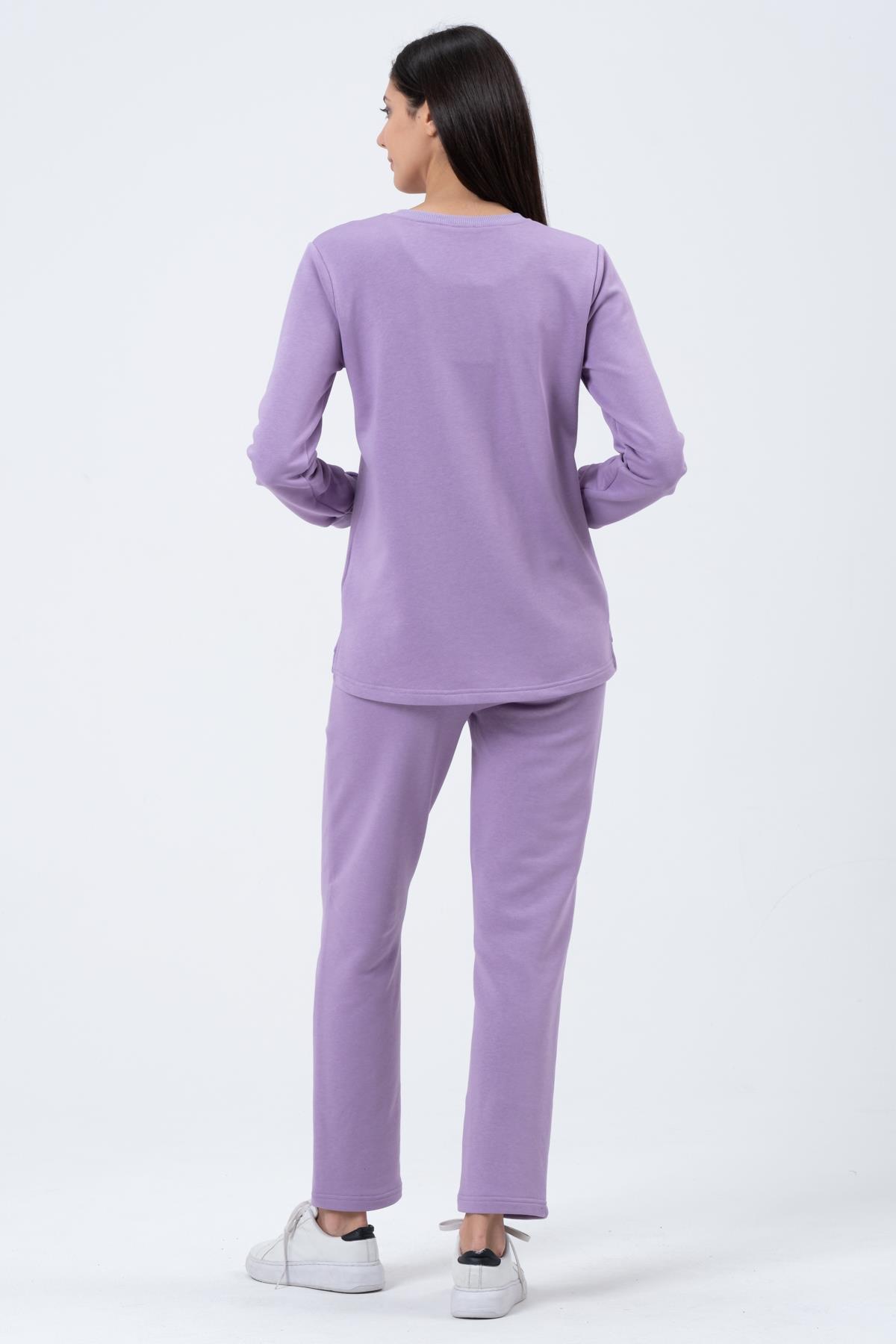 Busa Hamile Emzirme Detaylı Üç İplik Eşofman Takımı Lila