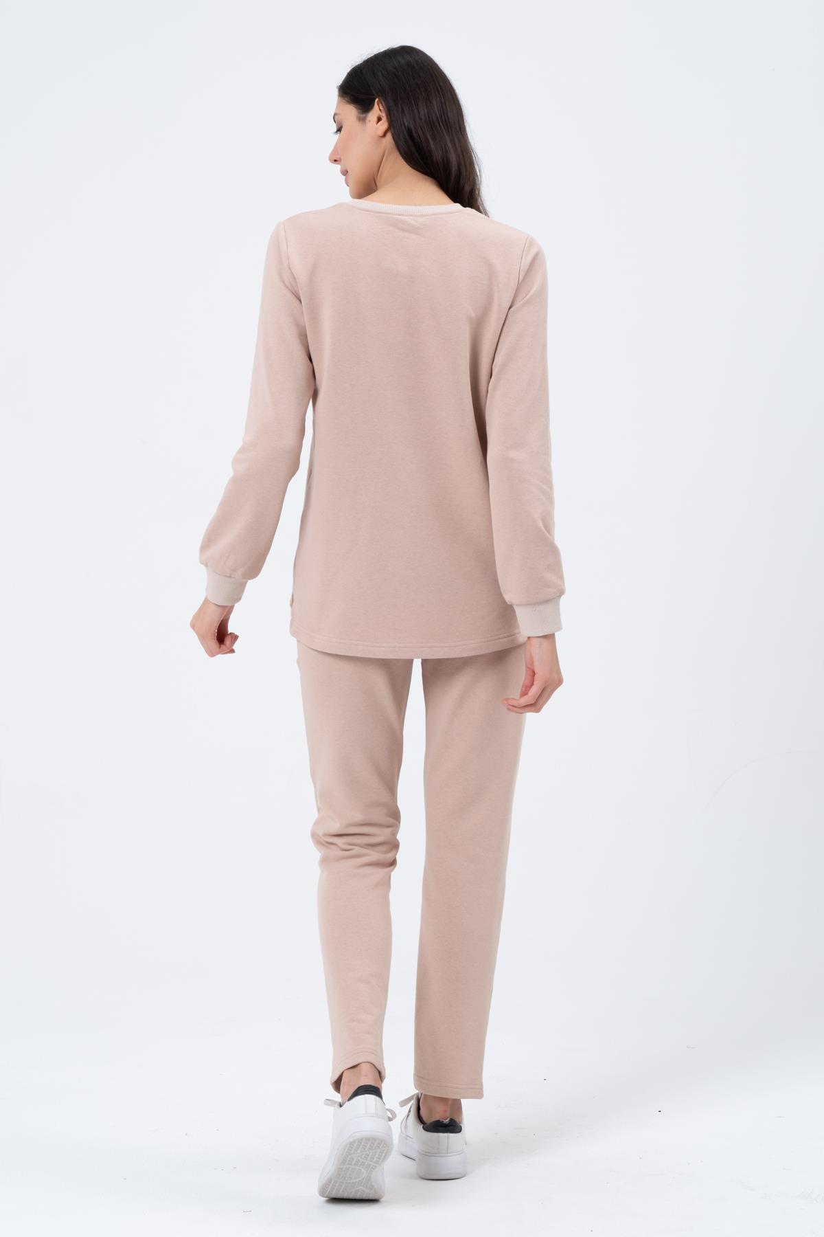 Busa Hamile Emzirme Detaylı Üç İplik Eşofman Takımı Bej