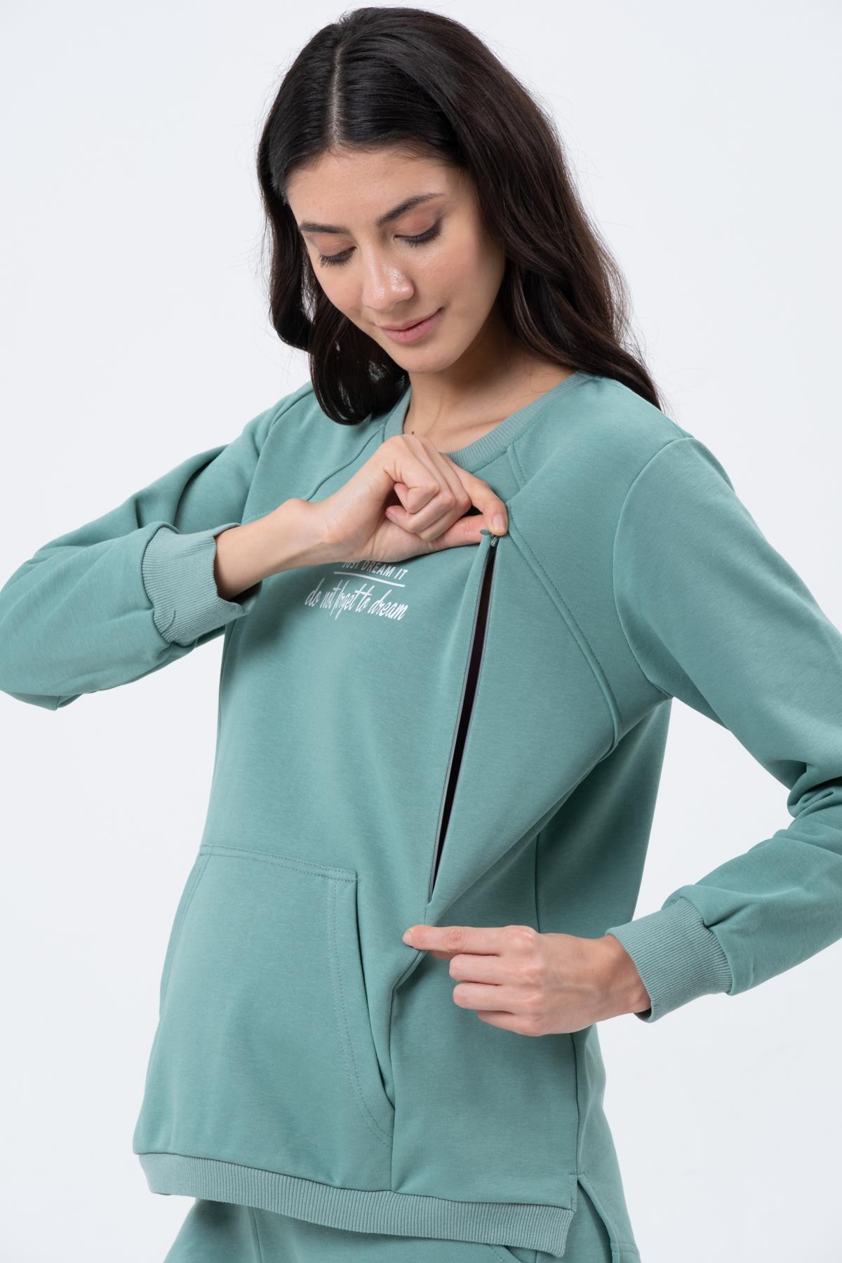 Busa Hamile Emzirme Detaylı Üç İplik Eşofman Takımı Mintyeşili