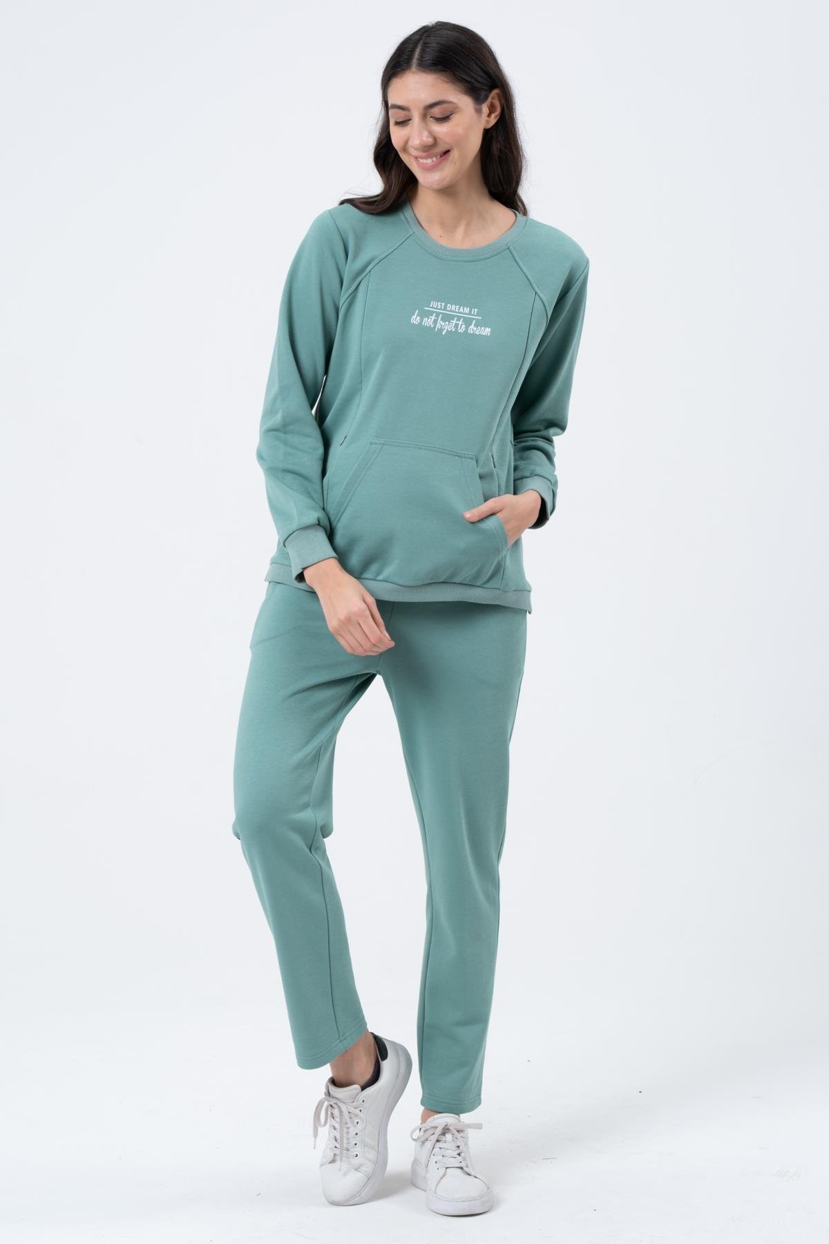 Busa Hamile Emzirme Detaylı Üç İplik Eşofman Takımı Mintyeşili