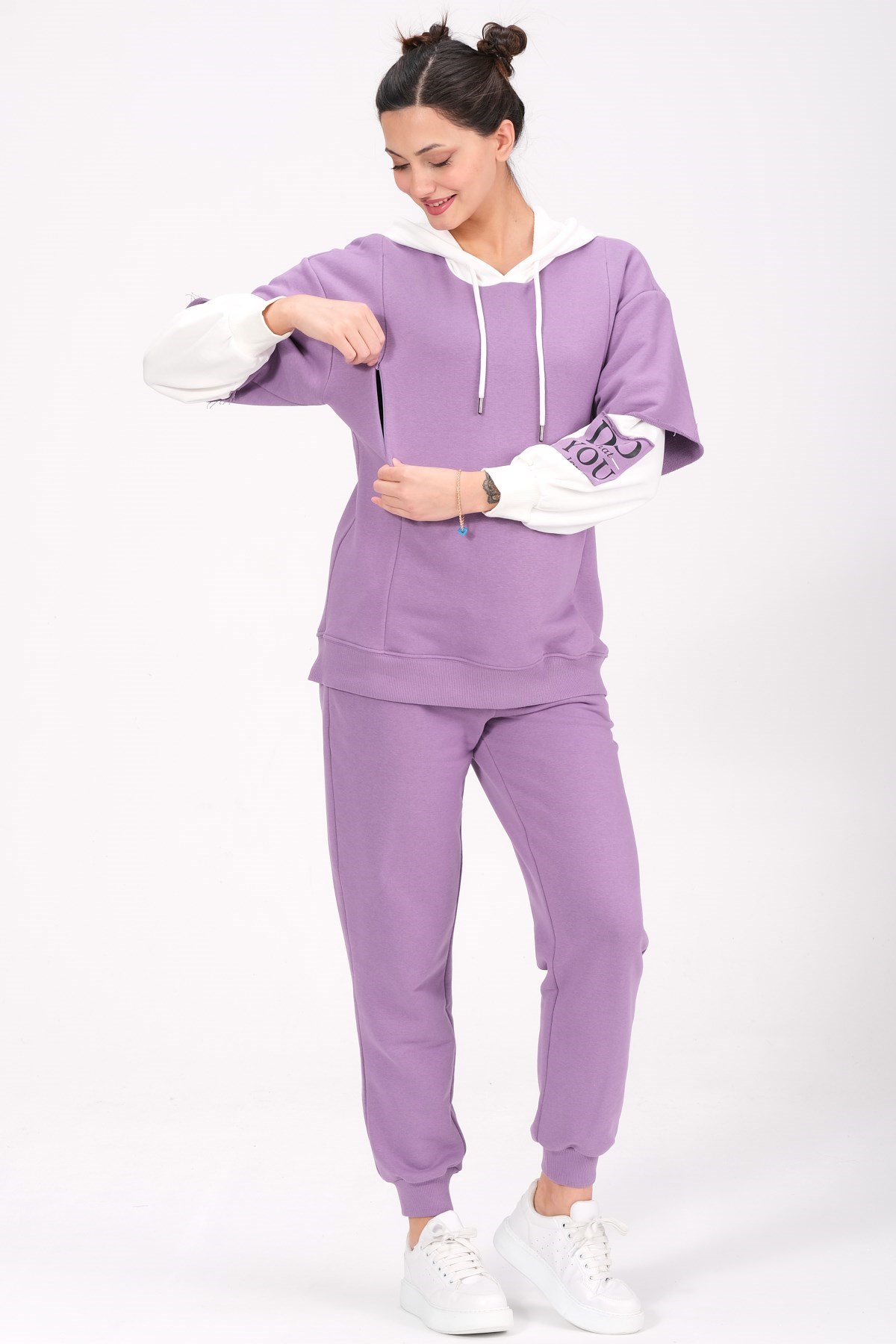 Busa Hamile Emzrime Detaylı Karın Bantlı Eşofman Takımı Mor