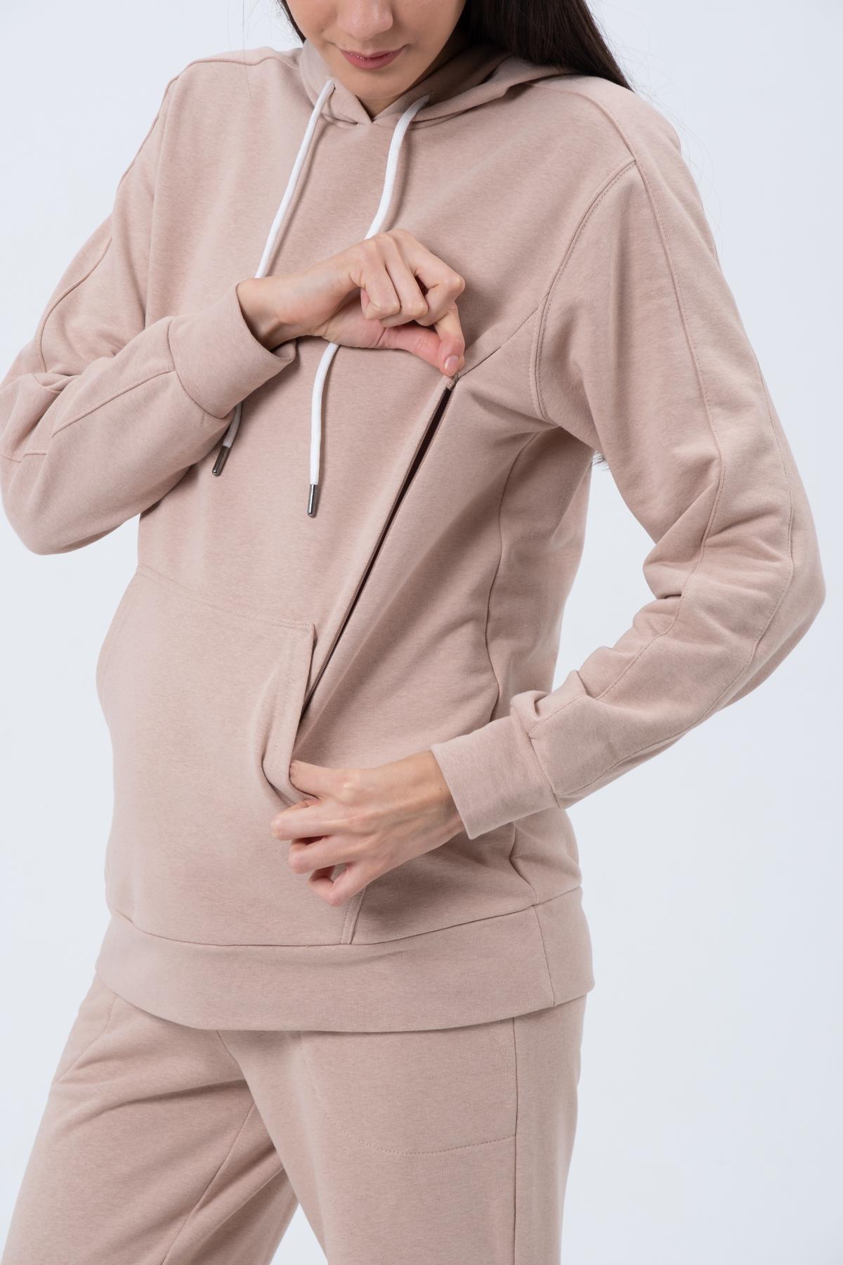 Busa Hamile Esnek Karın Bantlı Beli Ayarlı Bol Paça Emzirme Detaylı Üç İplik Eşofman Takım Bej