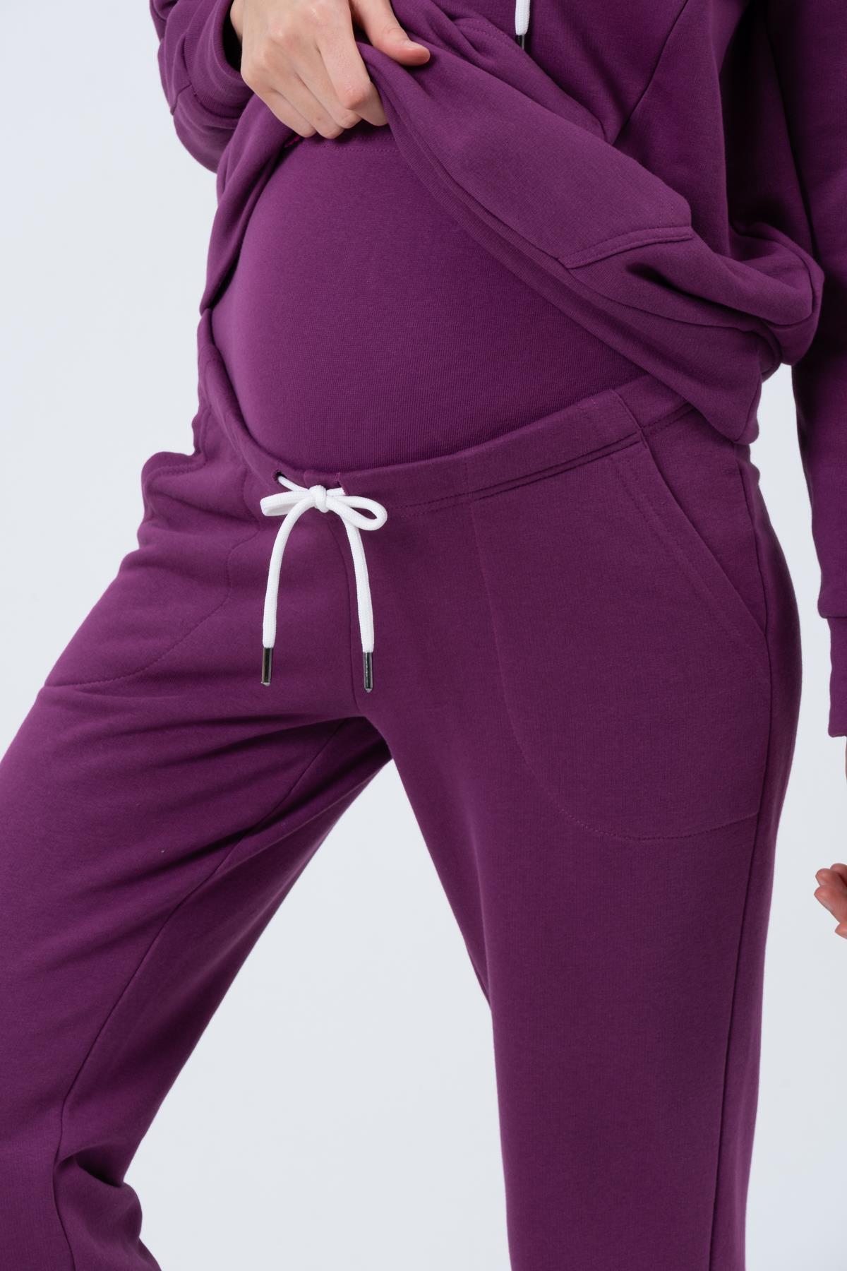 Busa Hamile Esnek Karın Bantlı Beli Ayarlı Bol Paça Emzirme Detaylı Üç İplik Eşofman Takım Mor