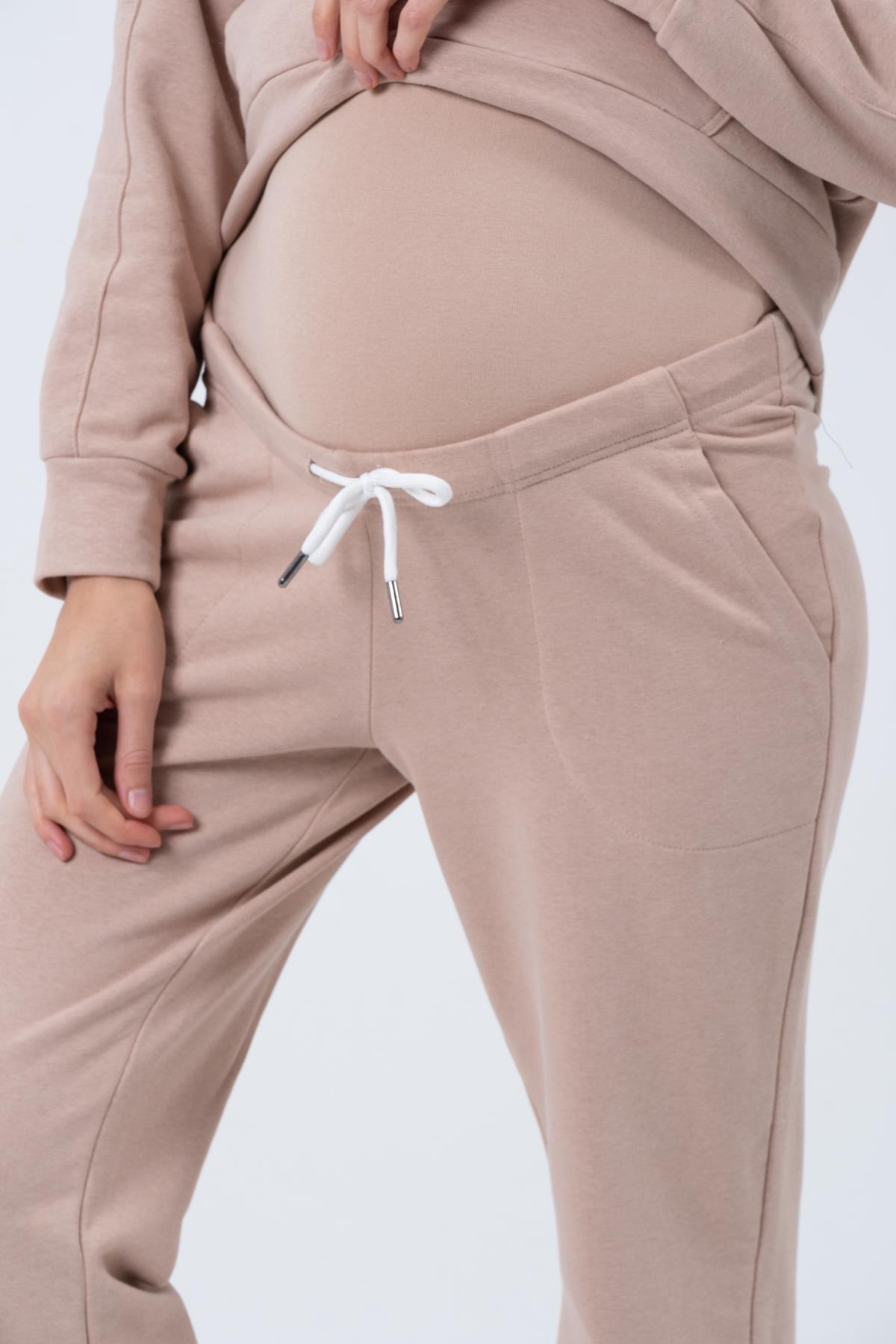 Busa Hamile Esnek Karın Bantlı Beli Ayarlı Bol Paça Emzirme Detaylı Üç İplik Eşofman Takım Bej